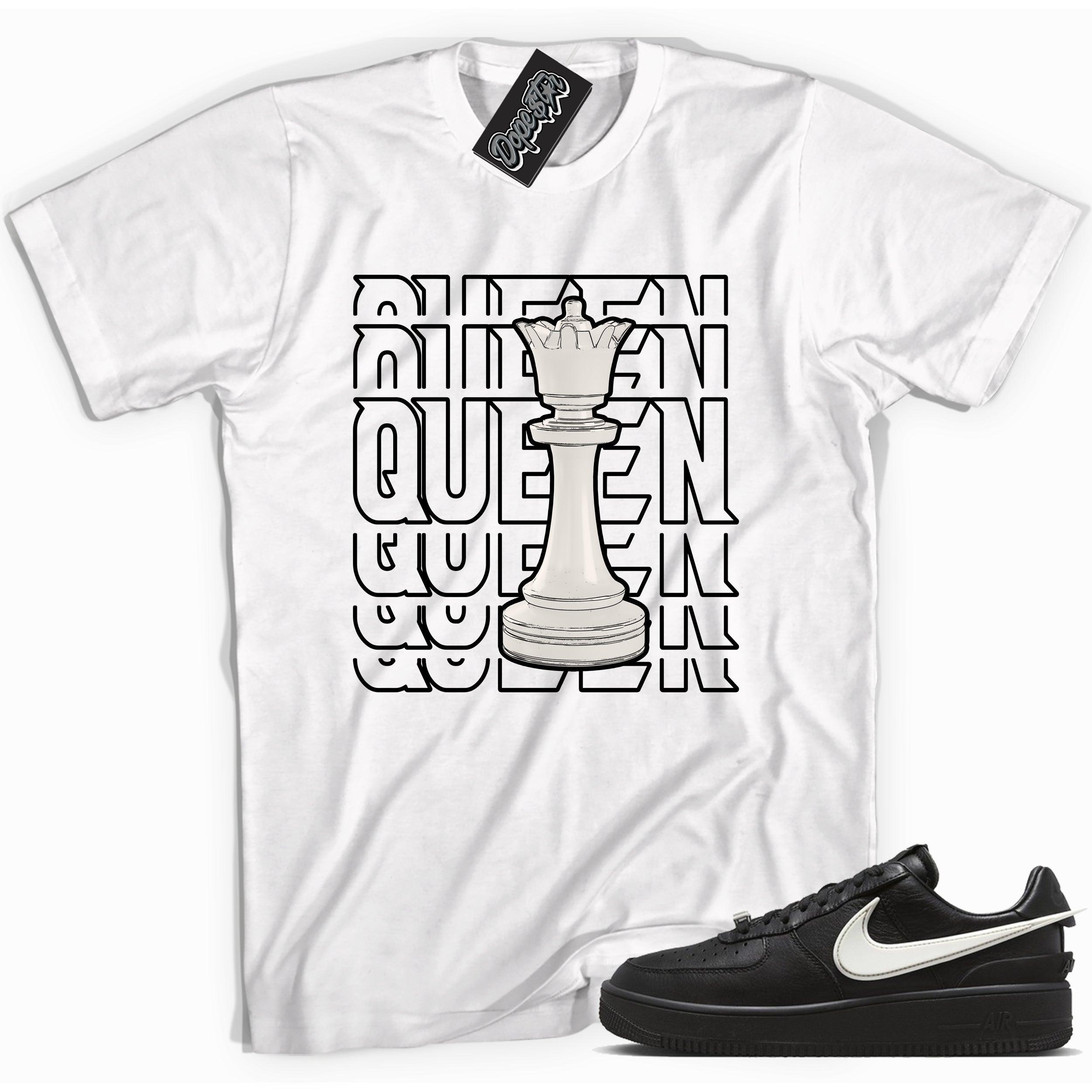 Cool white graphic tee with 'queen piece' print, that perfectly matches Nike Air Force 1 Low SP Ambush Phantom sneakers.