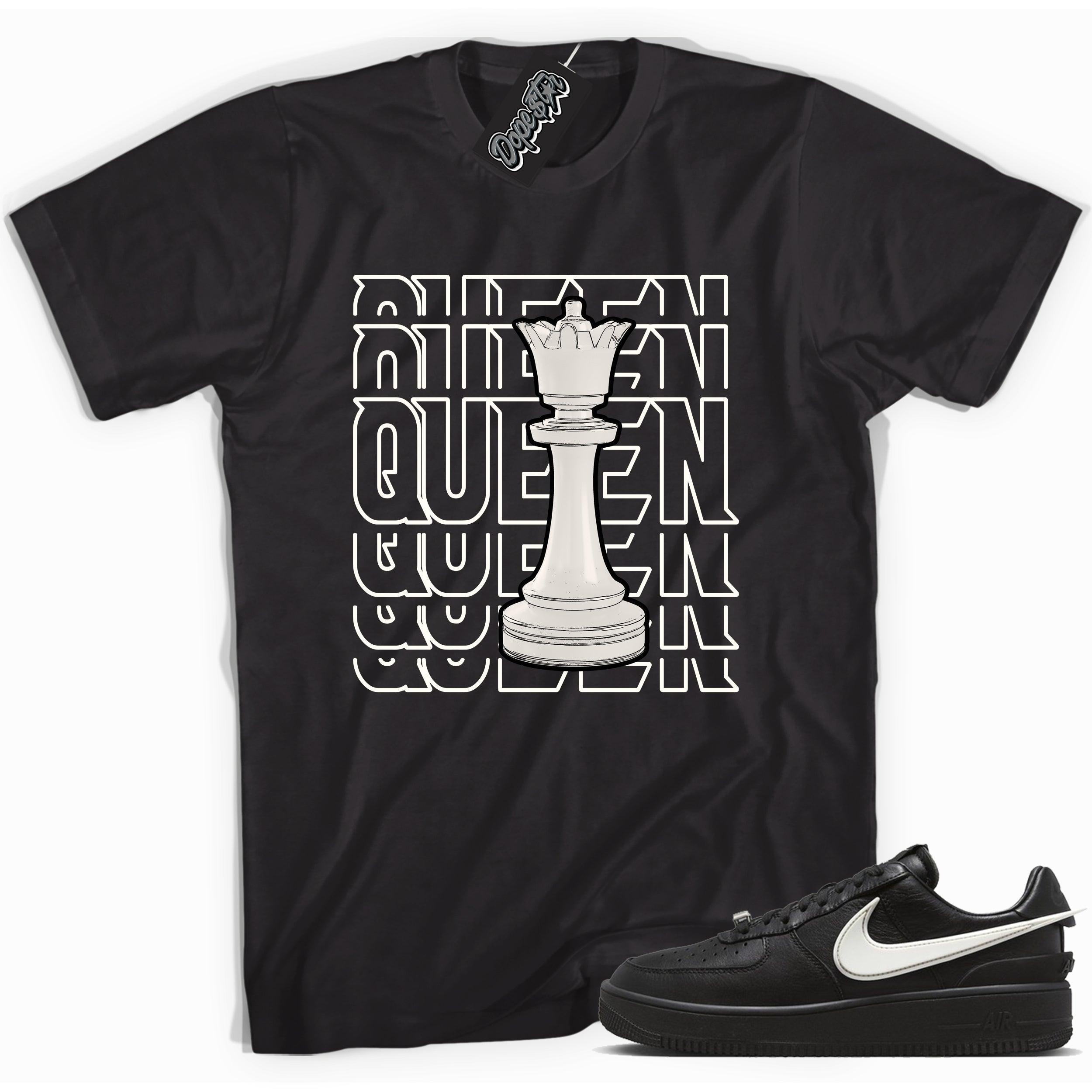 Cool black graphic tee with 'queen piece' print, that perfectly matches Nike Air Force 1 Low SP Ambush Phantom sneakers.