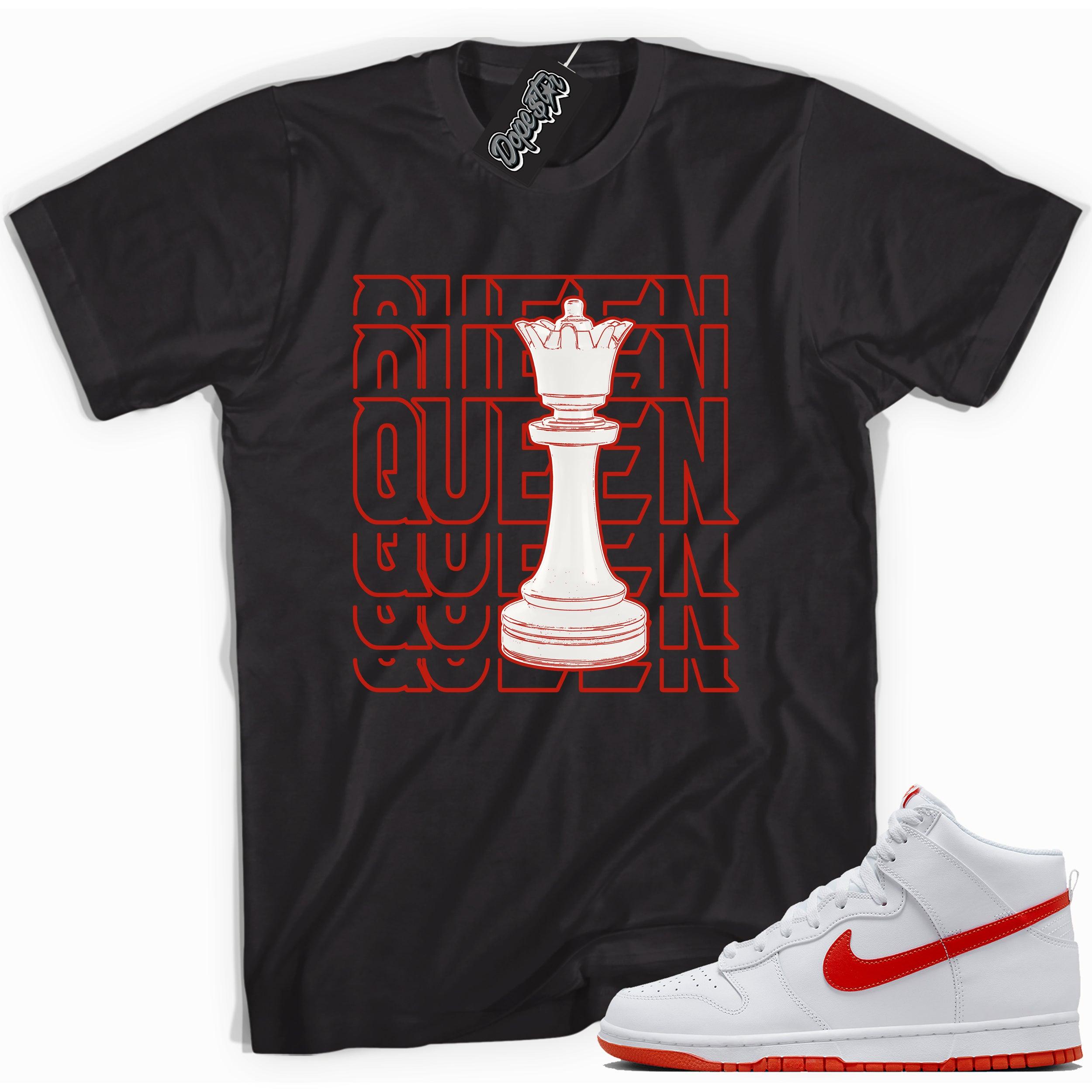 Cool black graphic tee with 'queen piece' print, that perfectly matches Nike Dunk High White Picante Red sneakers.