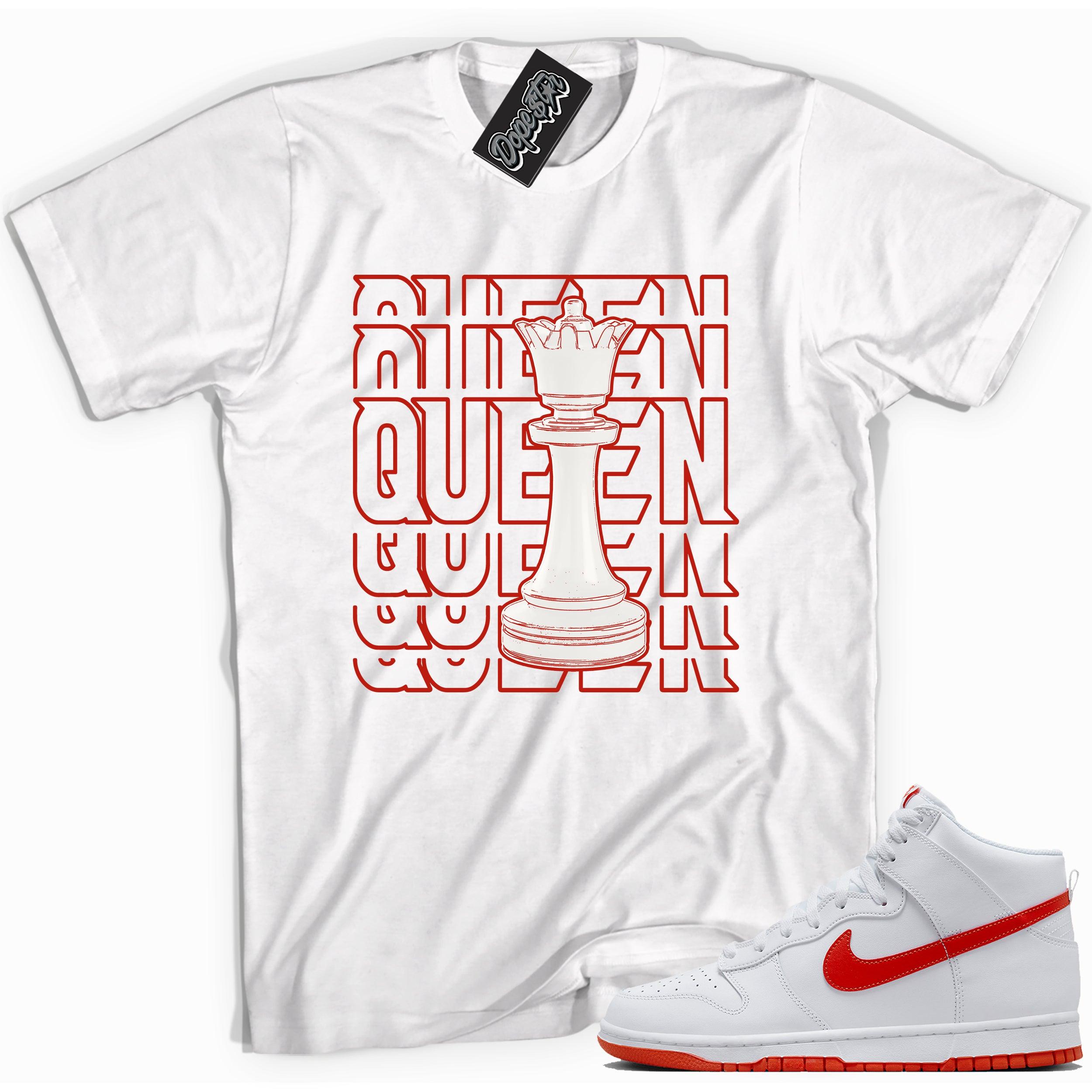 Cool white graphic tee with 'queen piece' print, that perfectly matches Nike Dunk High White Picante Red sneakers.