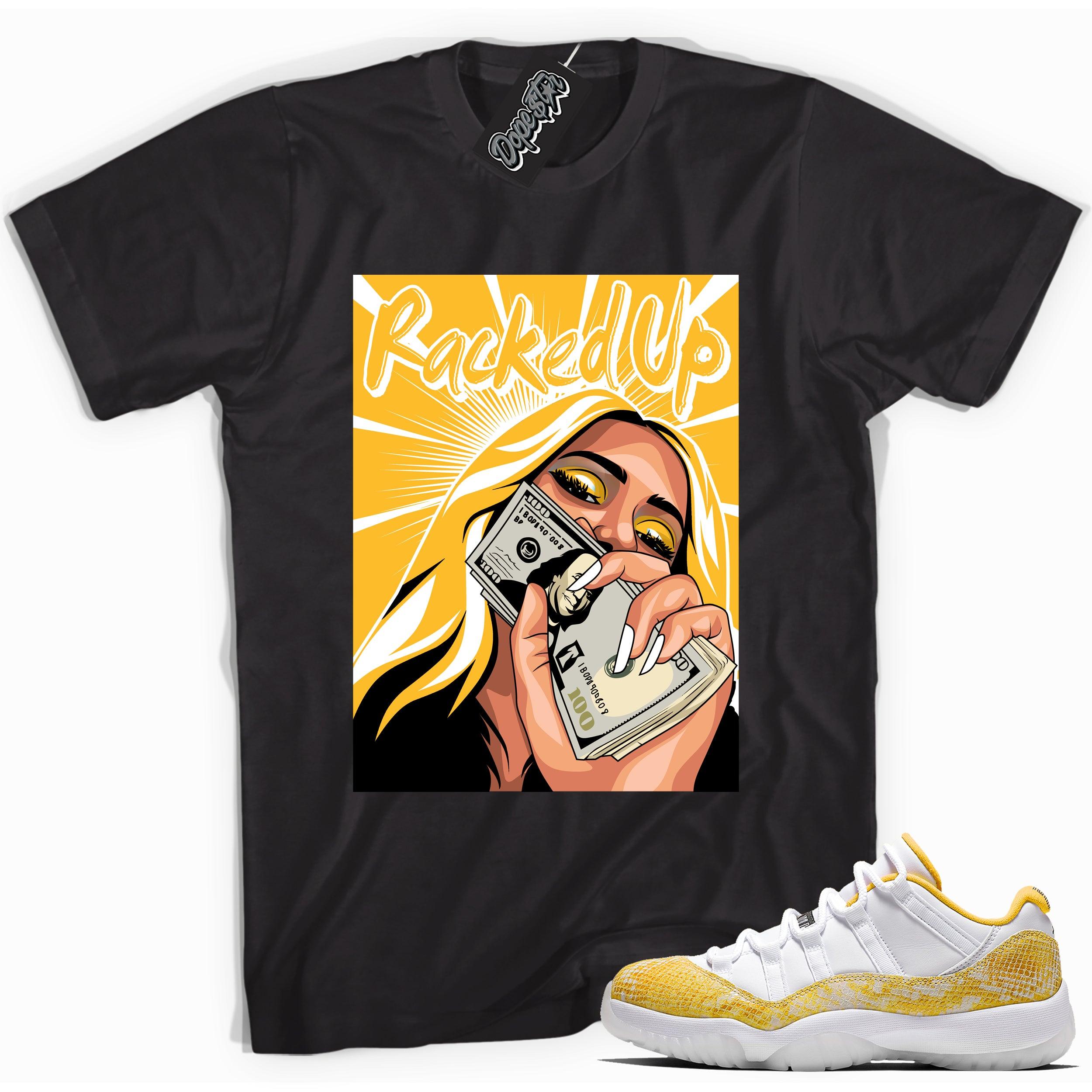 Cool black graphic tee with 'racked up' print, that perfectly matches  Air Jordan 11 Retro Low Yellow Snakeskin sneakers