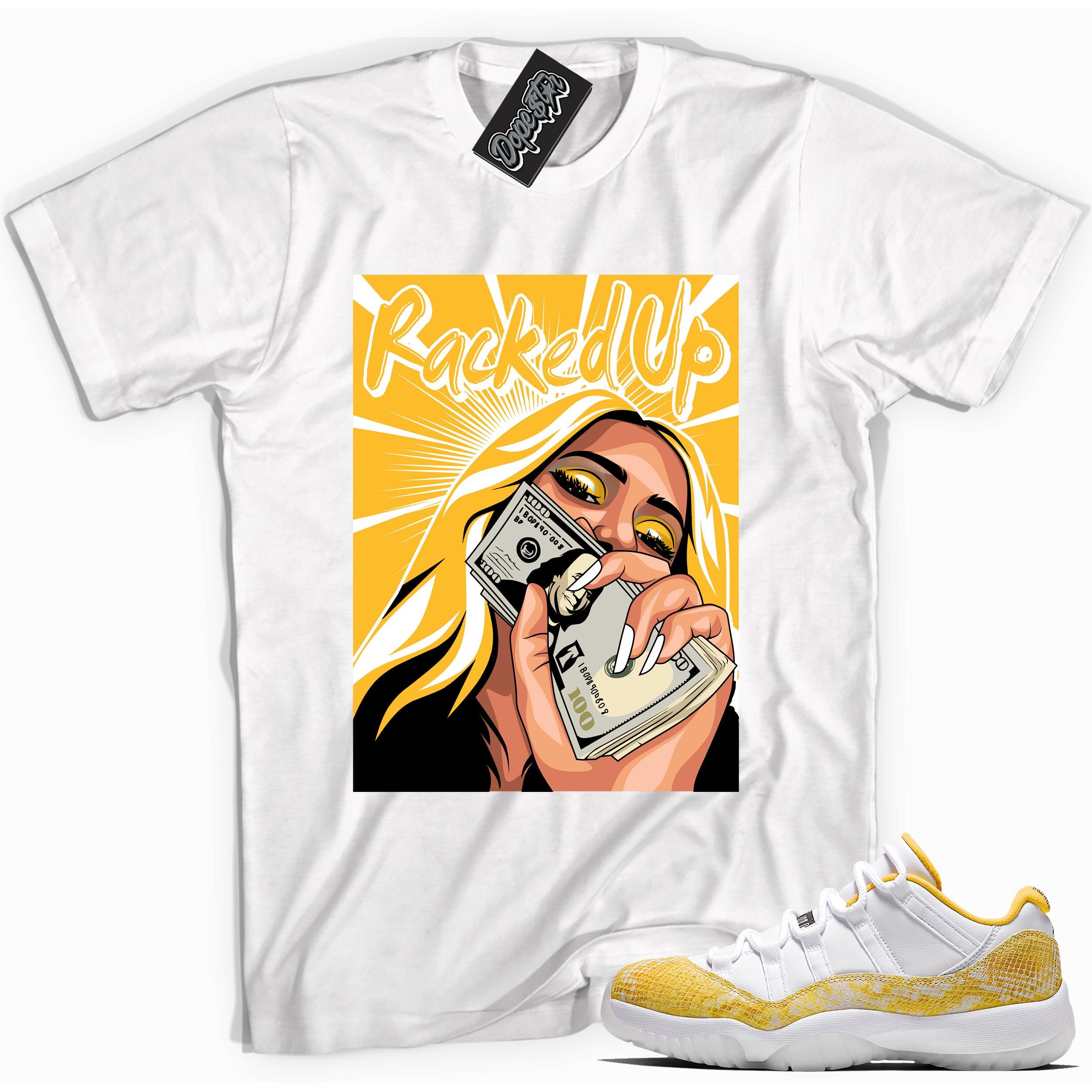 Cool white graphic tee with 'racked up' print, that perfectly matches Air Jordan 11 Retro Low Yellow Snakeskin sneakers