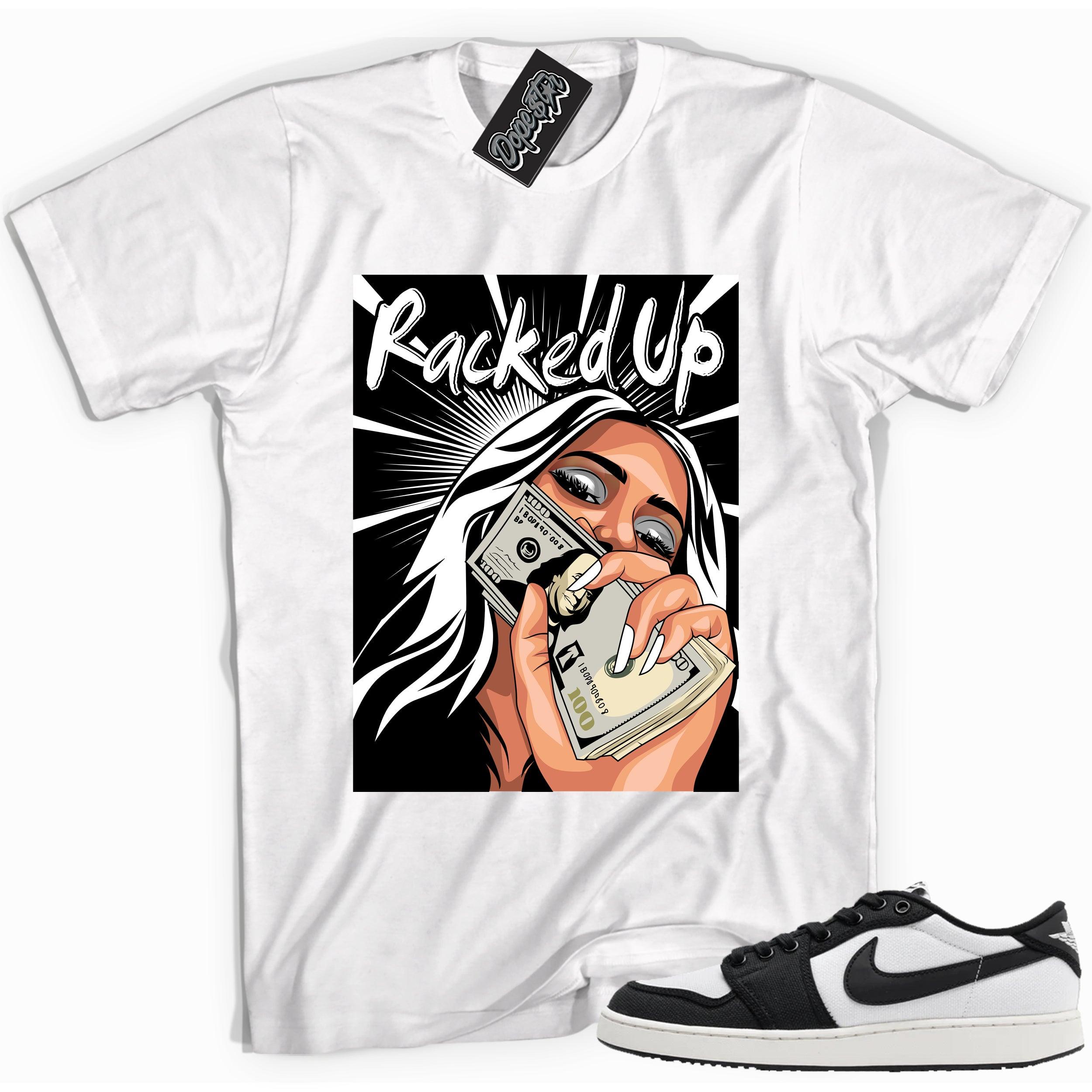 Cool white graphic tee with 'racked up' print, that perfectly matches Air Jordan 1 Retro Ajko Low Black & White sneakers.
