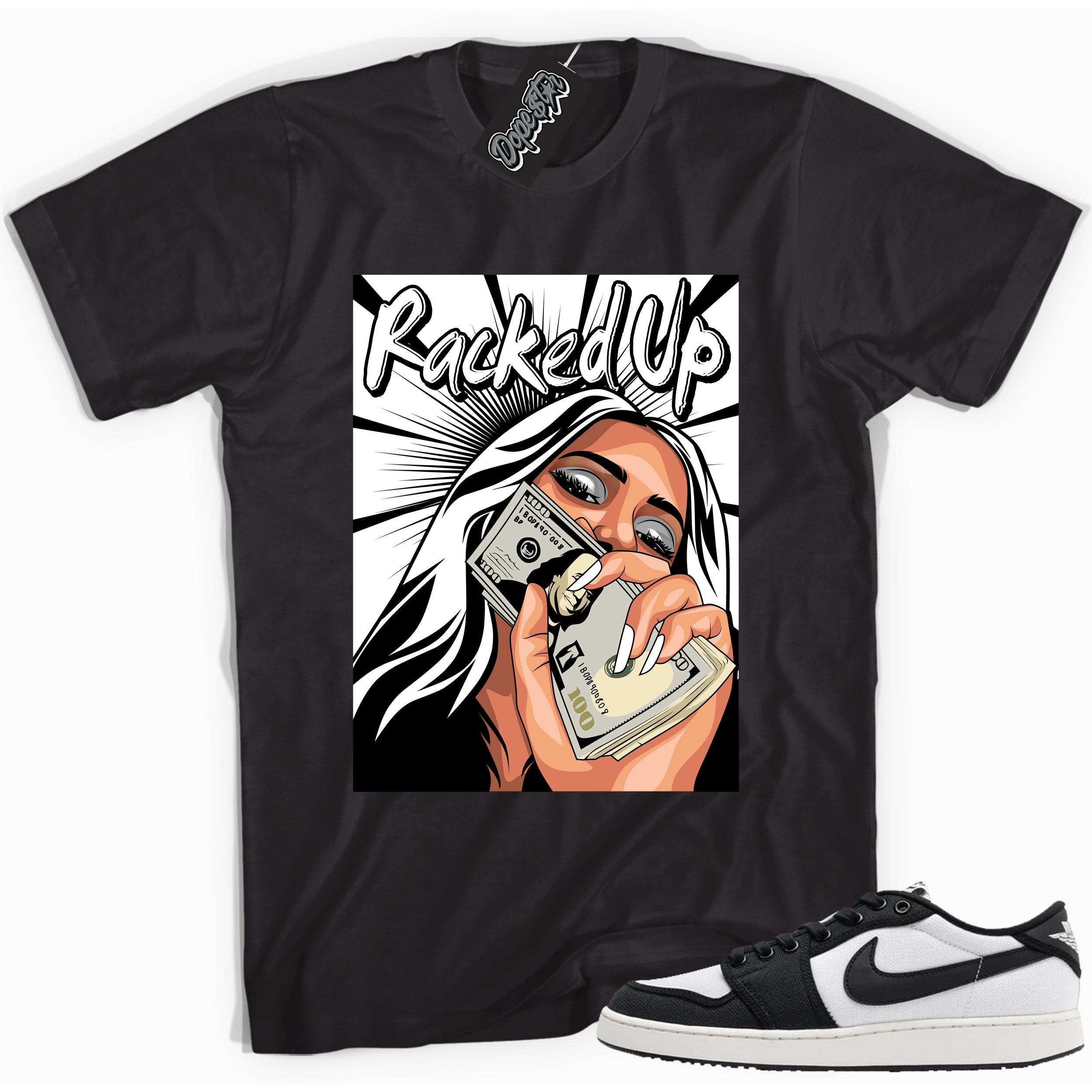 Cool black graphic tee with 'racked up' print, that perfectly matches Air Jordan 1 Retro Ajko Low Black & White sneakers.