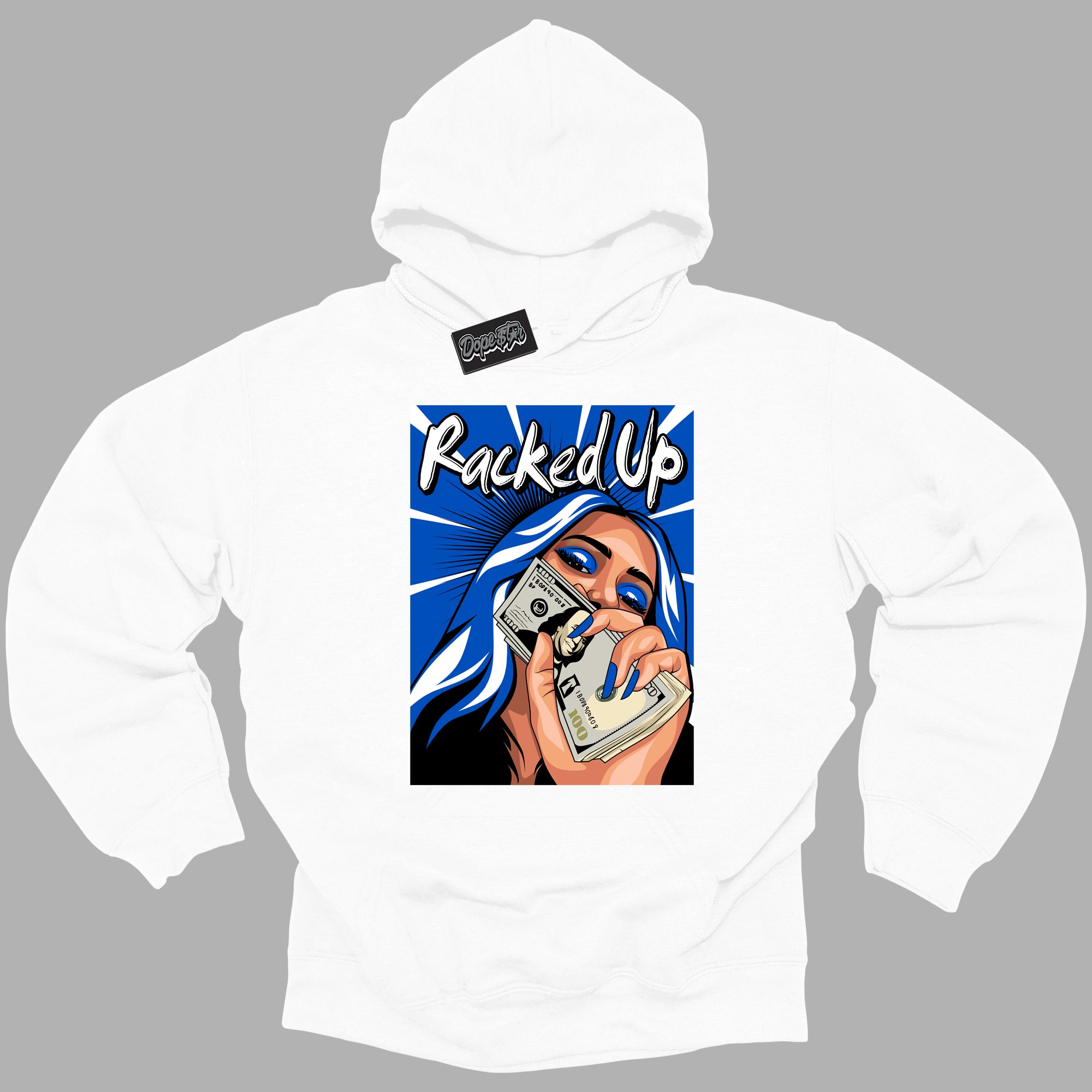 Cool White Hoodie with “ Racked Up ”  design that Perfectly Matches Royal Reimagined 1s Sneakers.