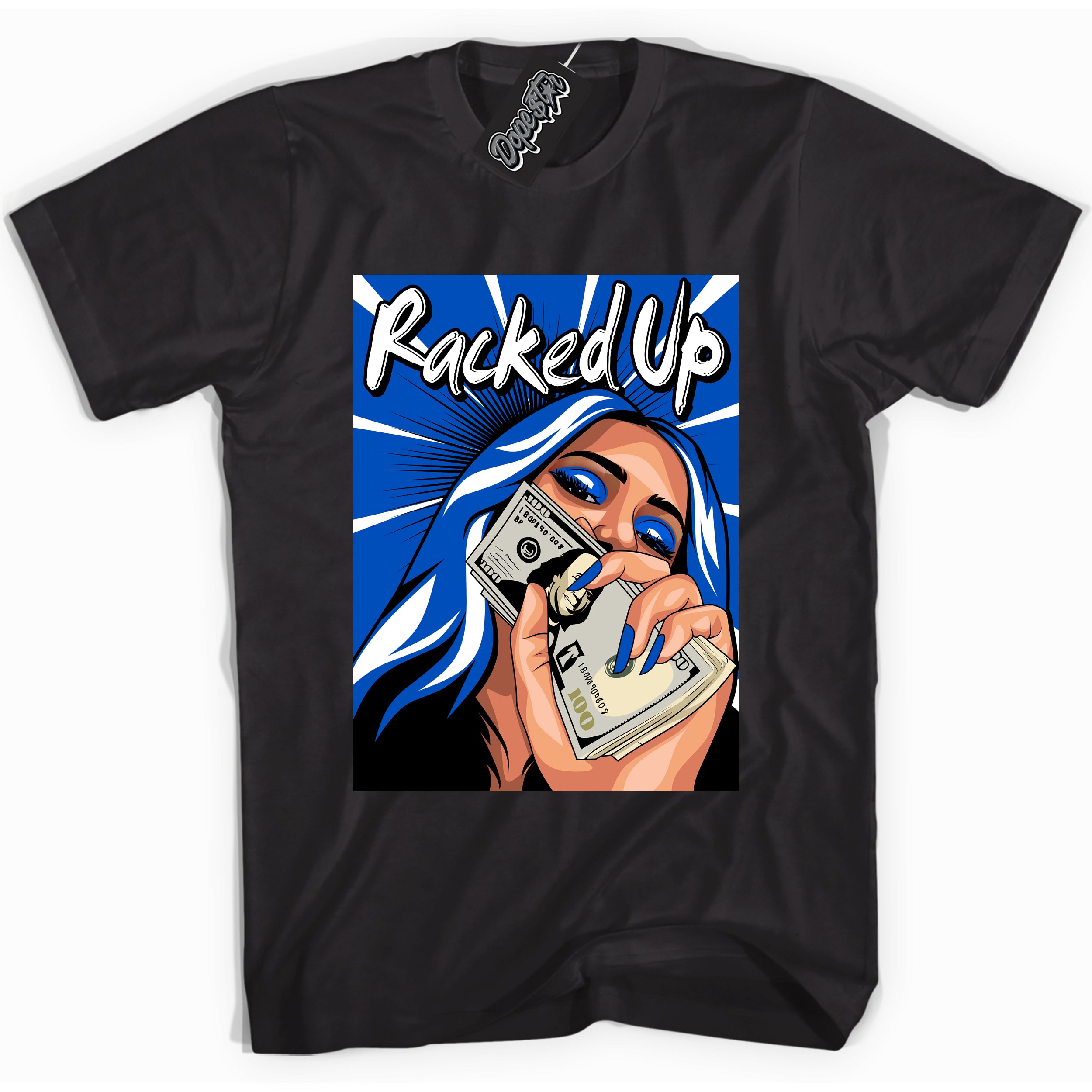 Cool Black graphic tee with "Racked Up" design, that perfectly matches Royal Reimagined 1s sneakers 
