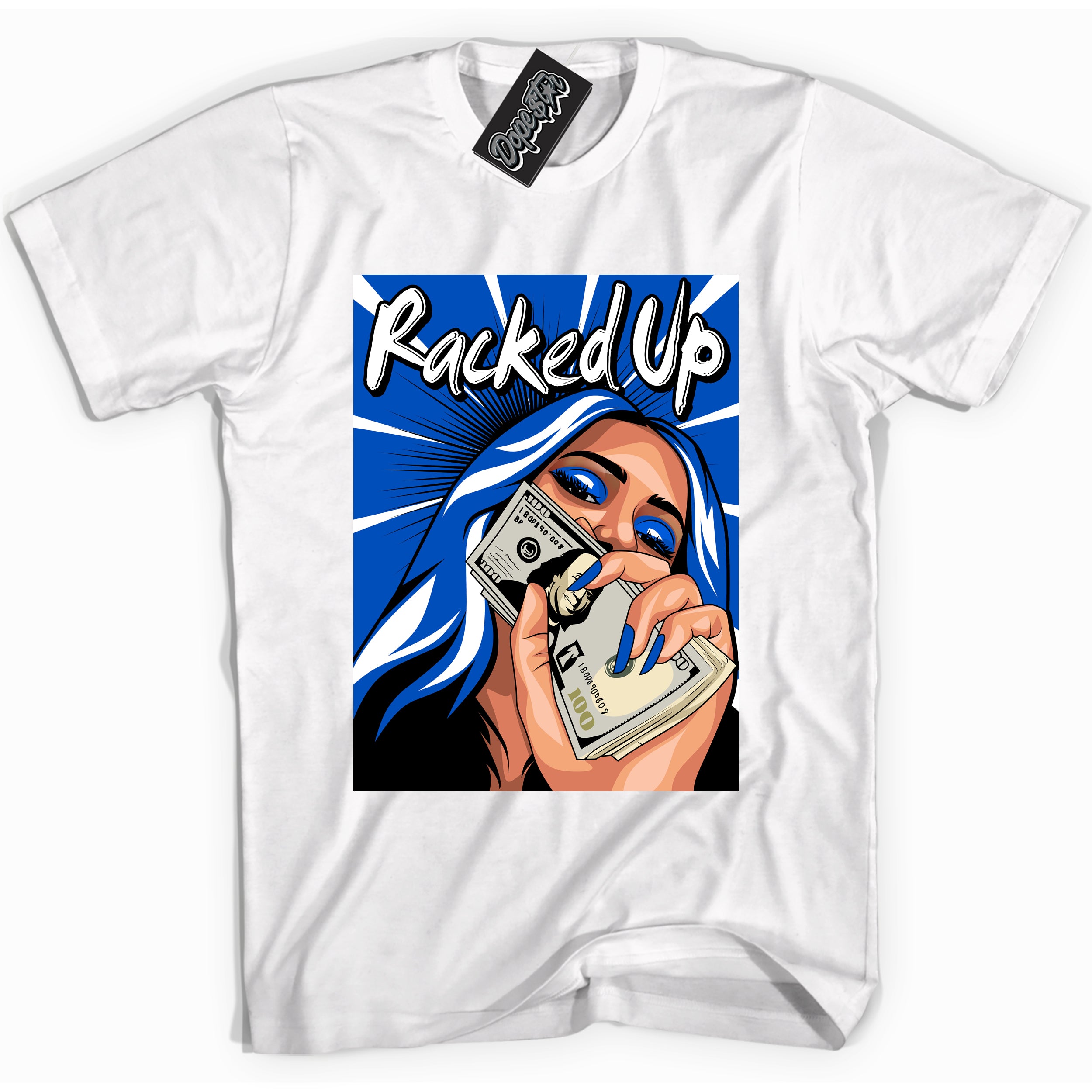Cool White graphic tee with "Racked Up" design, that perfectly matches Royal Reimagined 1s sneakers 