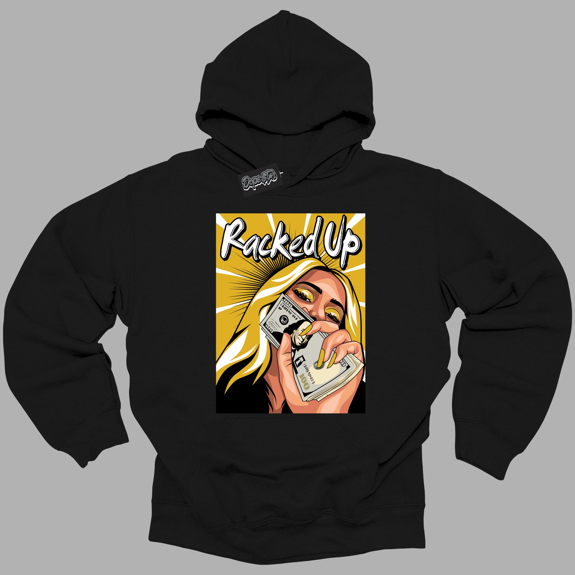 Cool Black Hoodie with “Racked Up ”  design that Perfectly Matches Yellow Ochre 6s Sneakers.