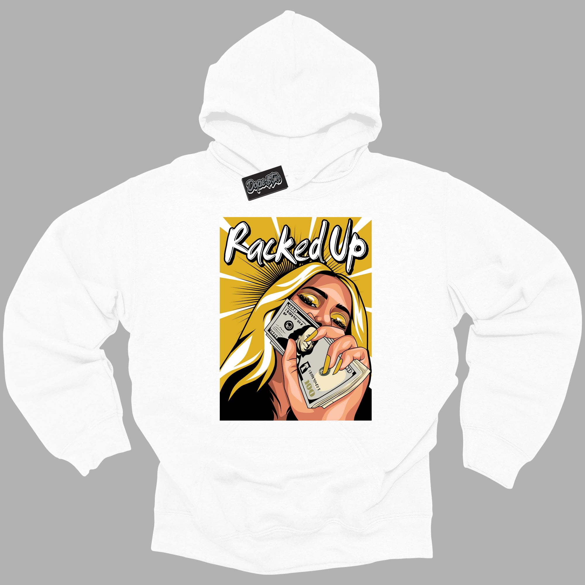 Cool White Hoodie with “Racked Up ”  design that Perfectly Matches Yellow Ochre 6s Sneakers.