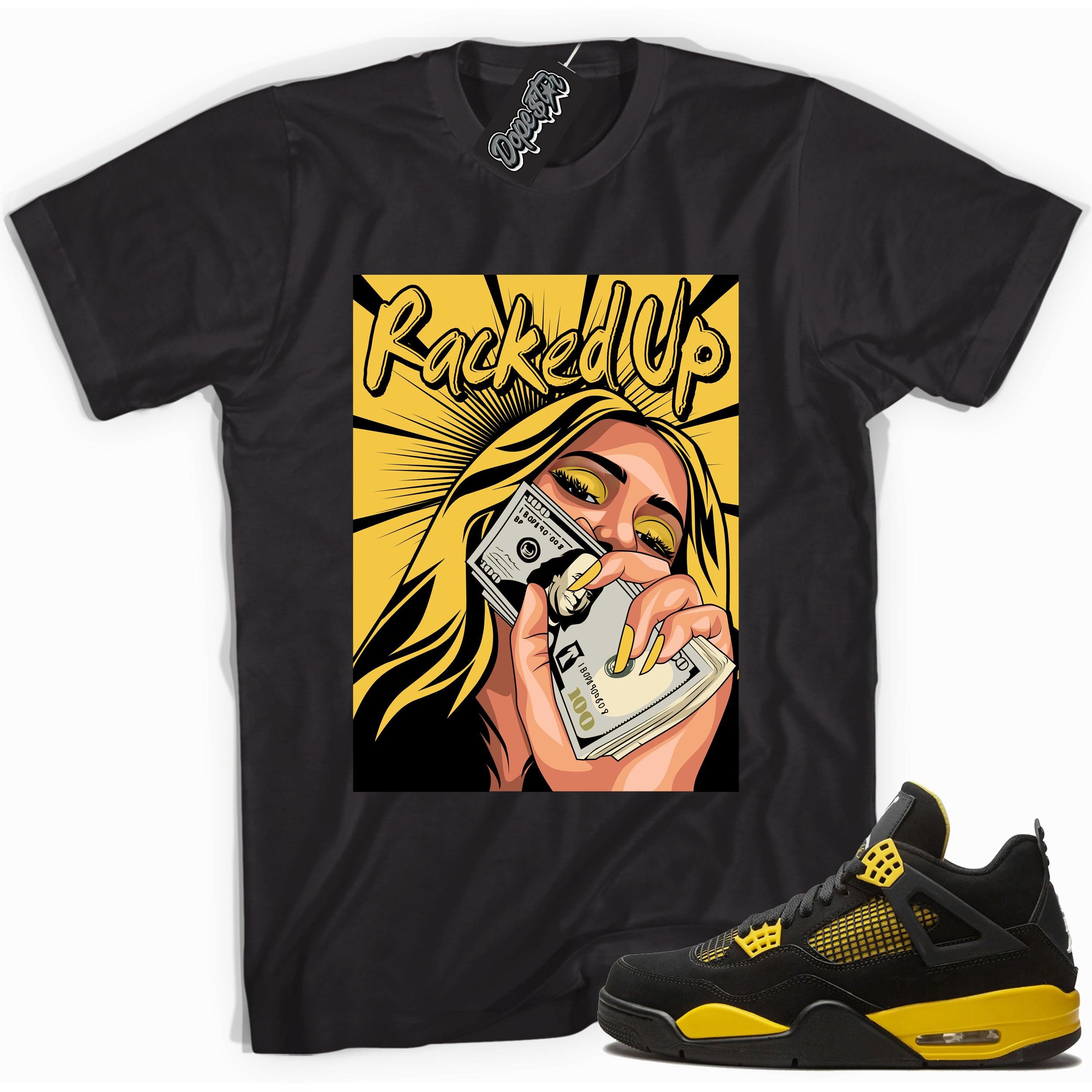 Cool black graphic tee with 'racked up' print, that perfectly matches  Air Jordan 4 Thunder sneakers