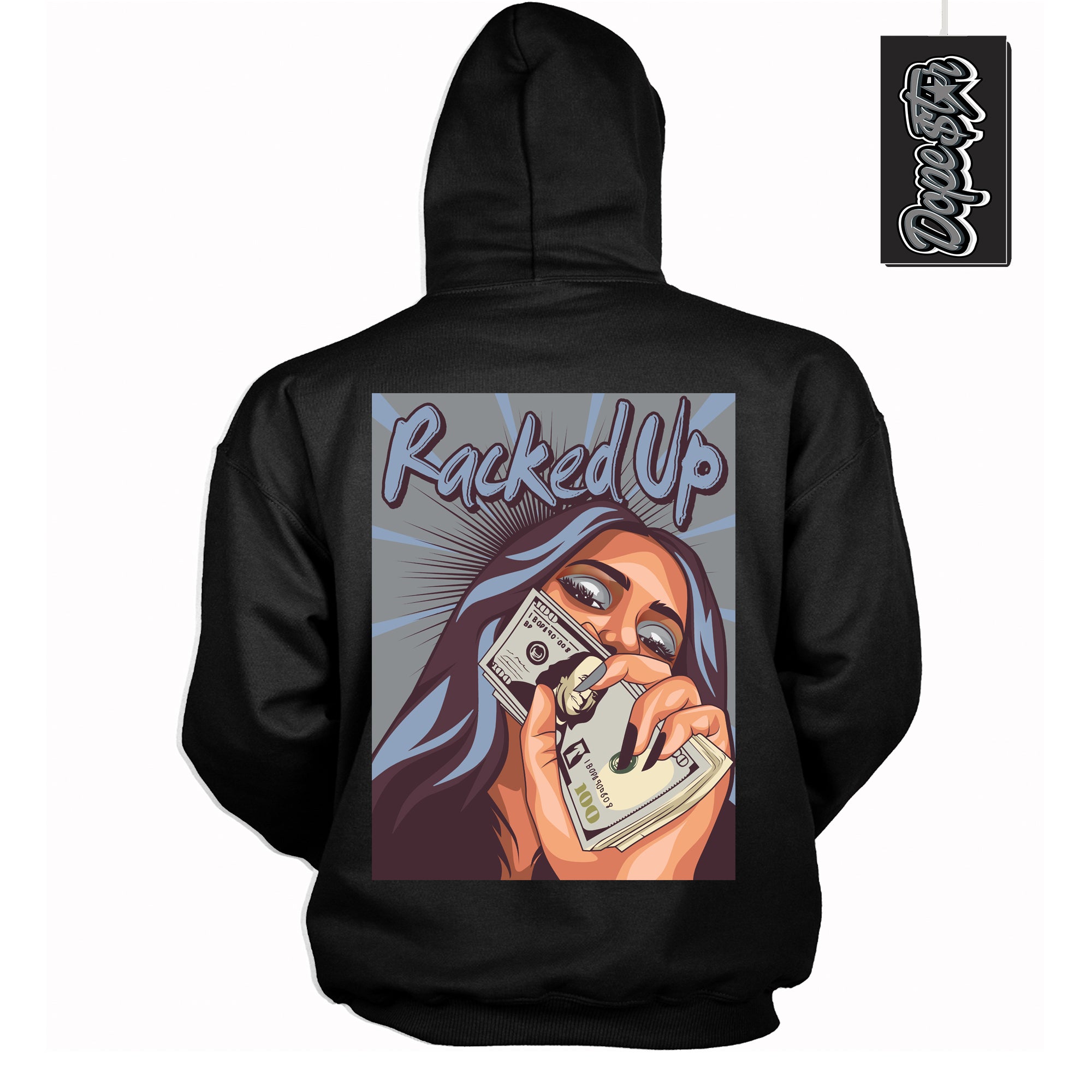 Cool Black Hoodie with “ Racked Up ”  design that Perfectly Matches Burgundy 5s Sneakers.