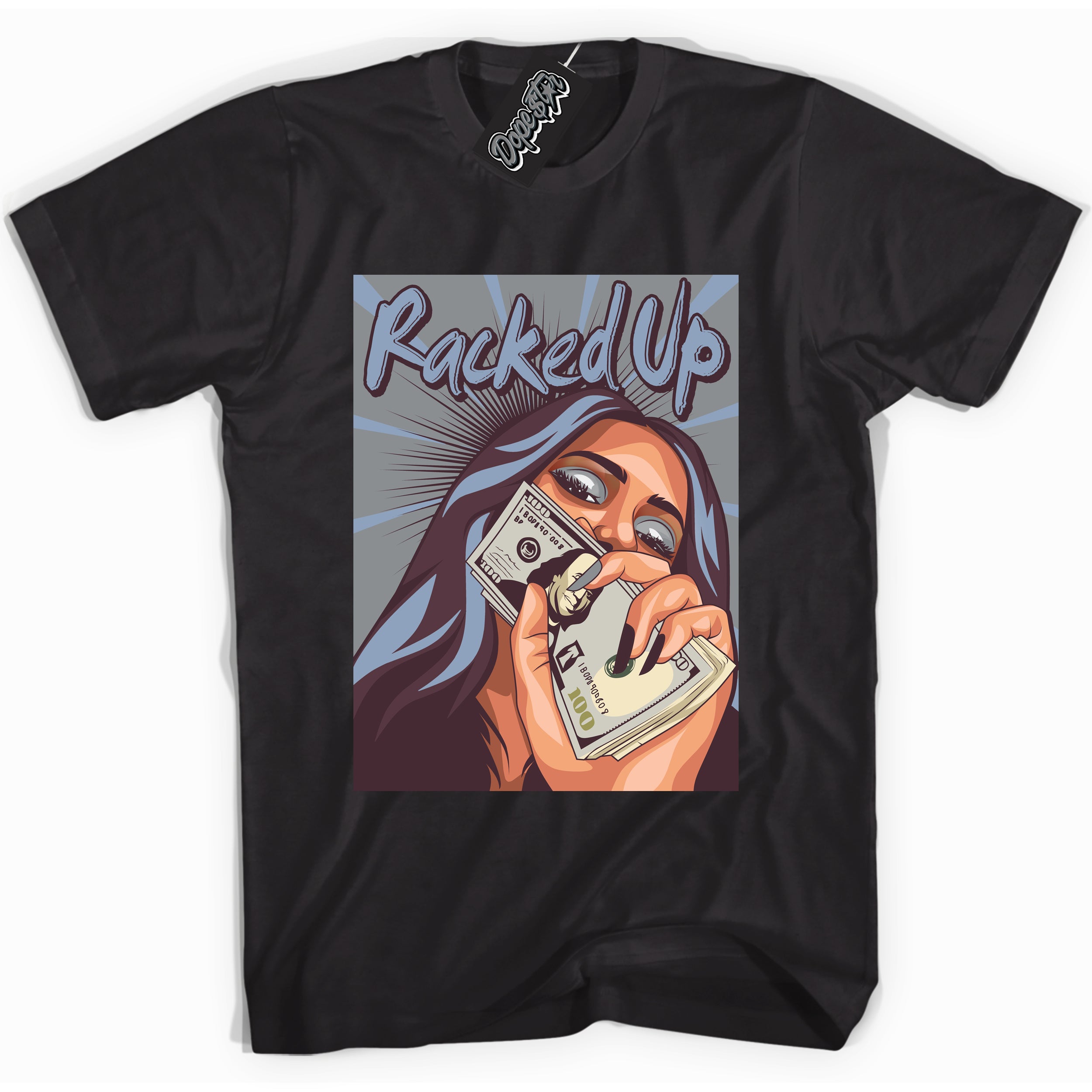 Cool Black Shirt with “ Racked Up” design that perfectly matches Burgundy 5s Sneakers.