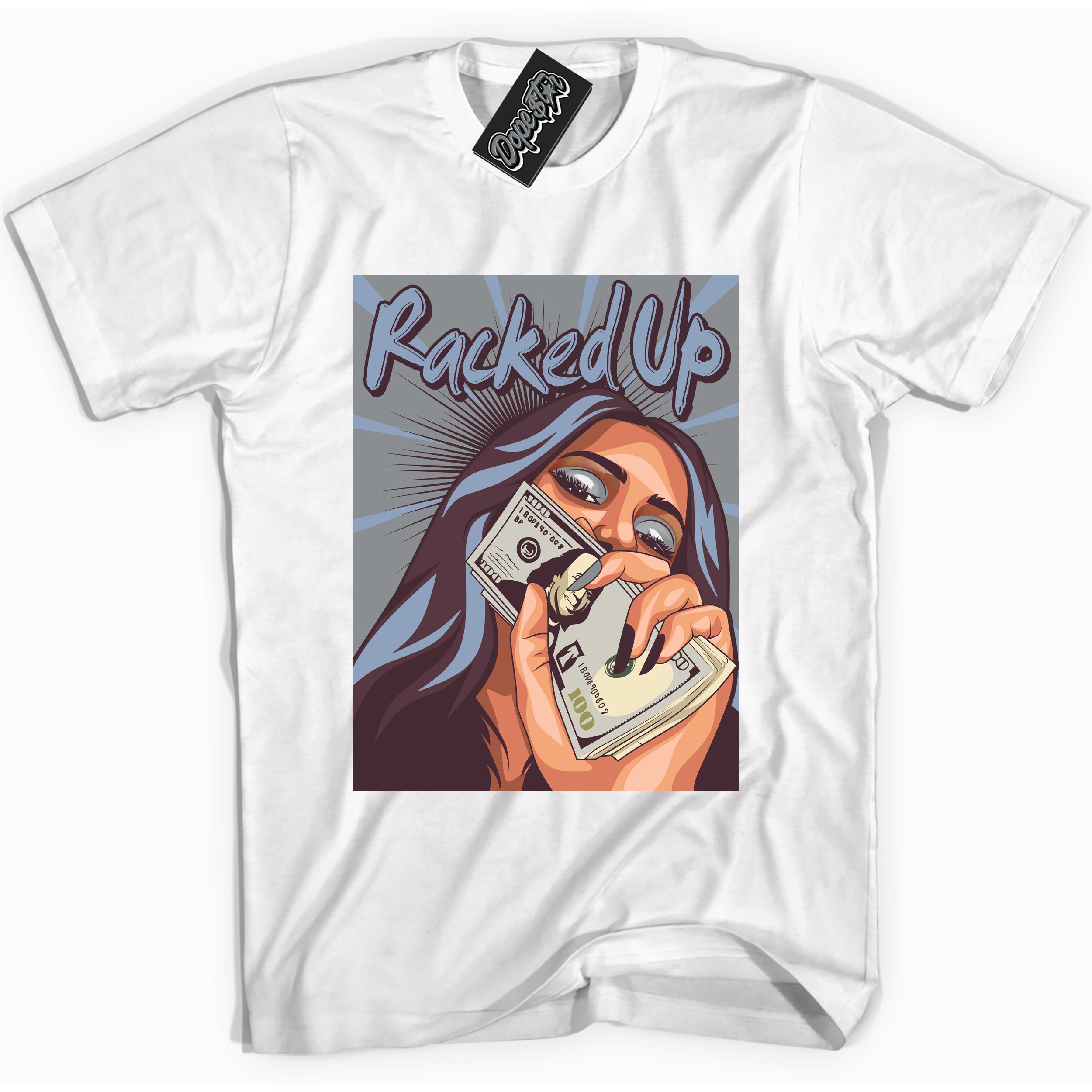 Cool White Shirt with “ Racked Up” design that perfectly matches Burgundy 5s Sneakers.