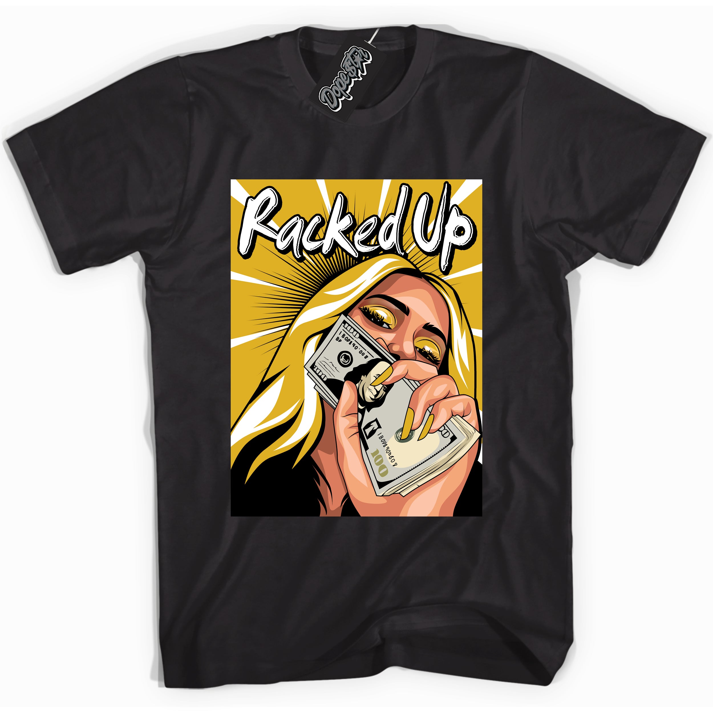 Cool black Shirt with “ Racked Up” design that perfectly matches Yellow Ochre 6s Sneakers.