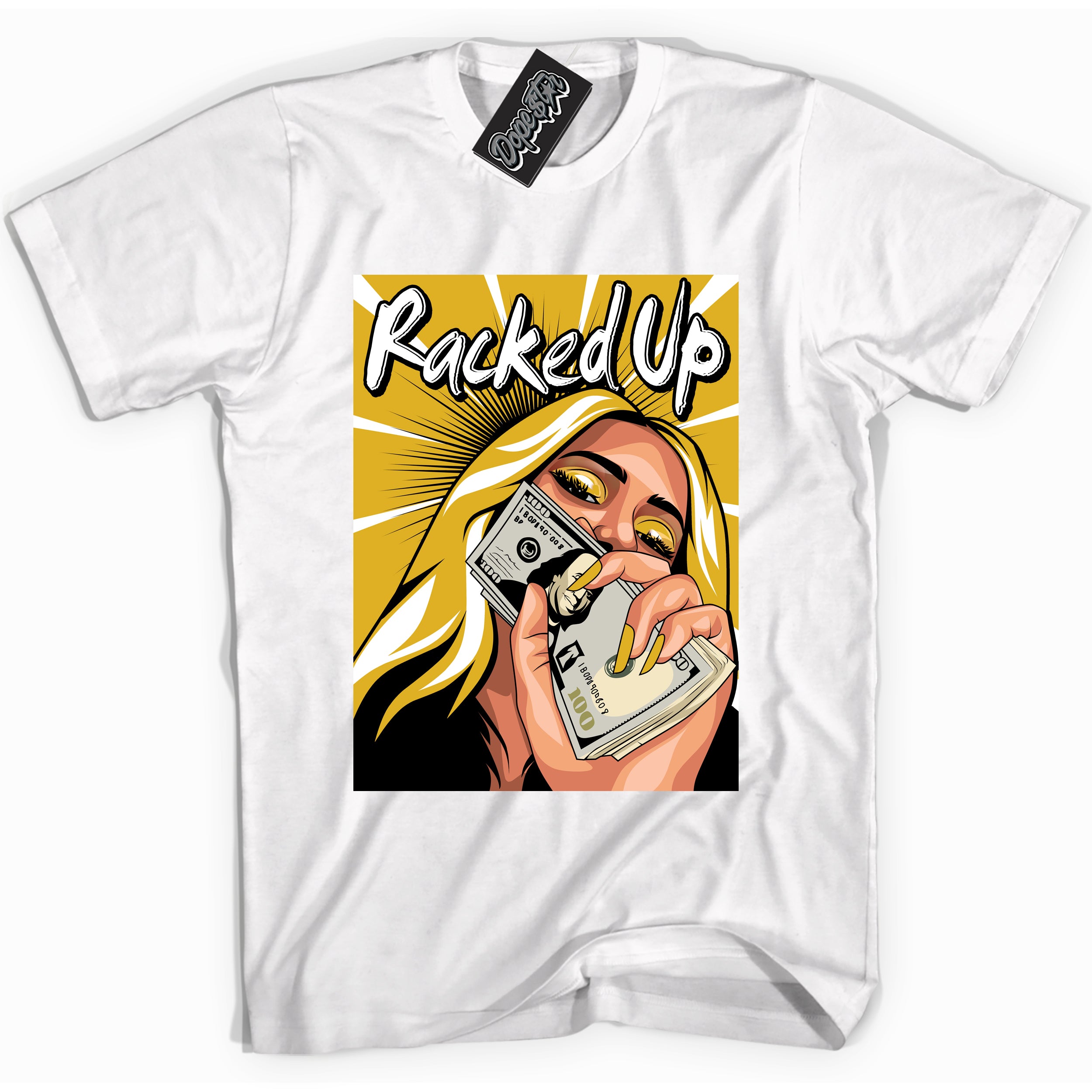 Cool white Shirt with “ Racked Up ” design that perfectly matches Yellow Ochre 6s Sneakers.