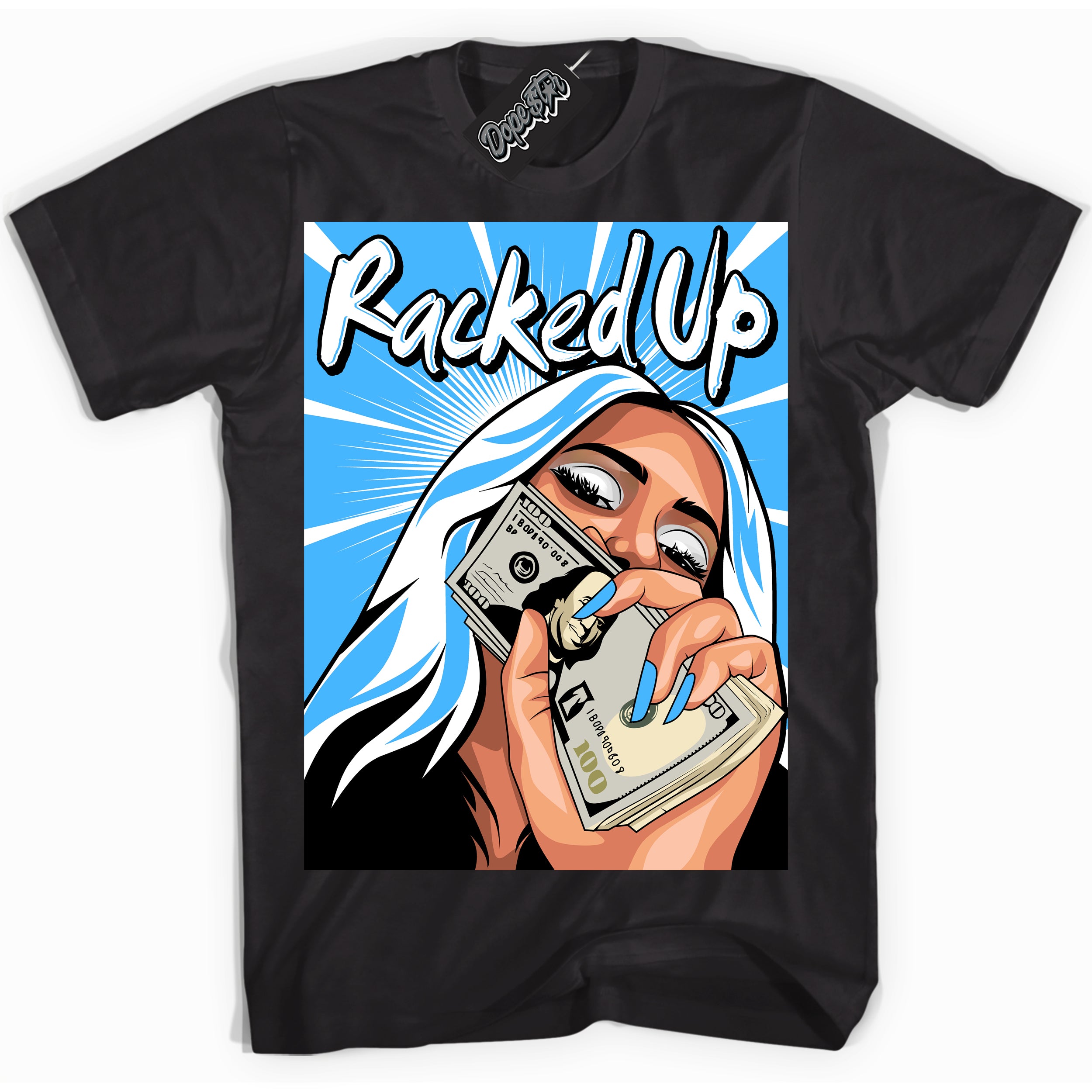 Cool Black graphic tee with “ Racked Up ” design, that perfectly matches Powder Blue 9s sneakers 