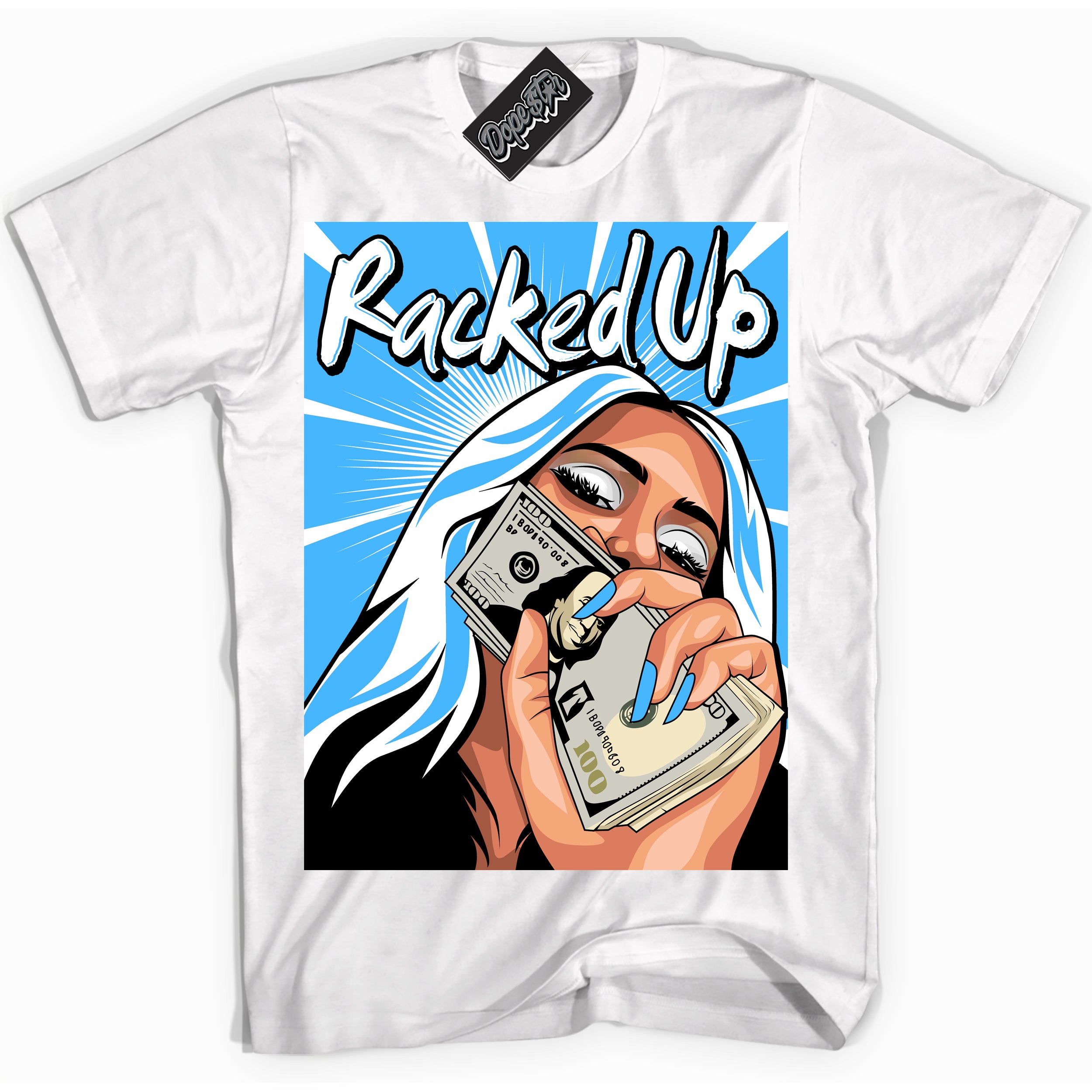Cool White graphic tee with “ Racked Up ” design, that perfectly matches Powder Blue 9s sneakers 