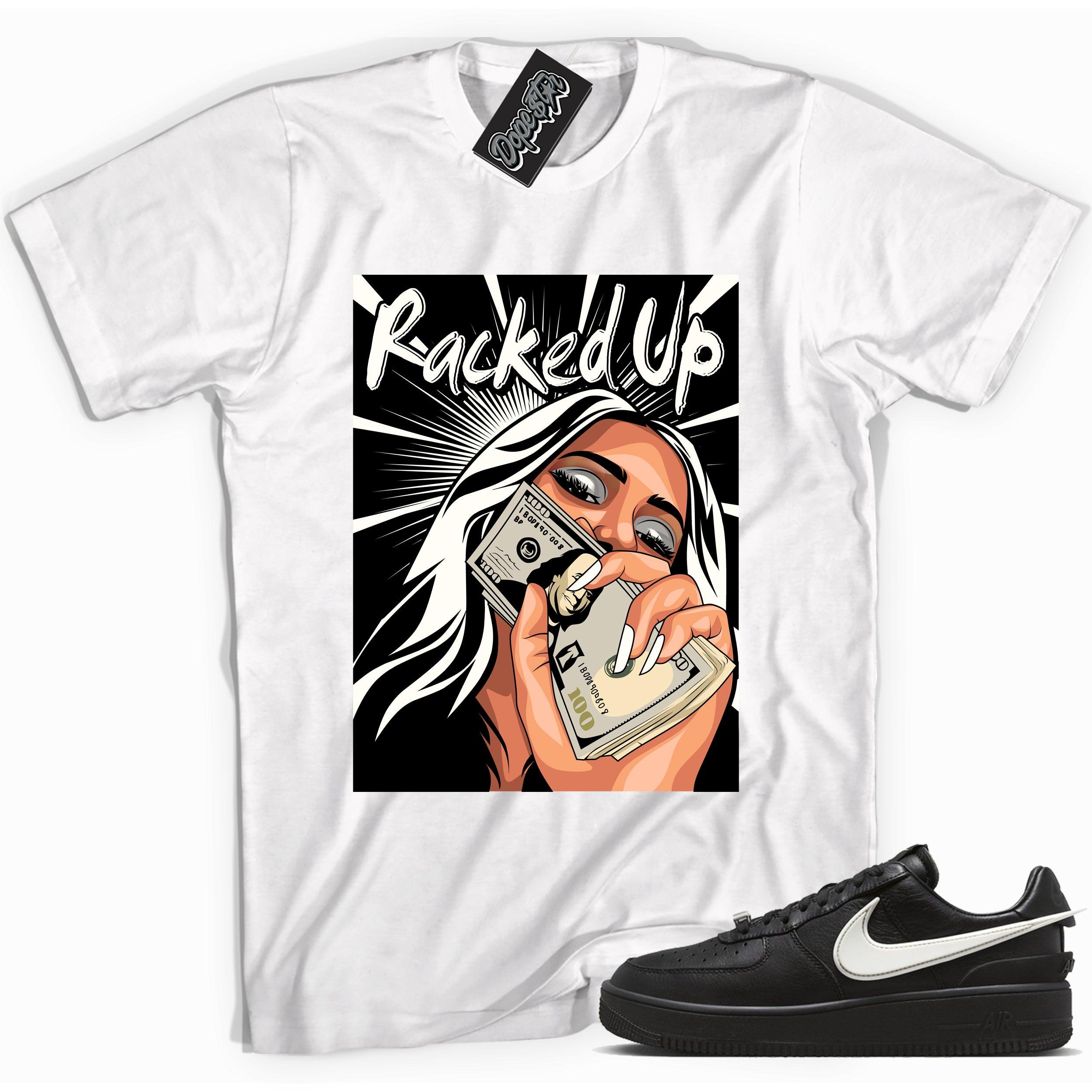 Cool white graphic tee with 'racked up' print, that perfectly matches Nike Air Force 1 Low SP Ambush Phantom sneakers.