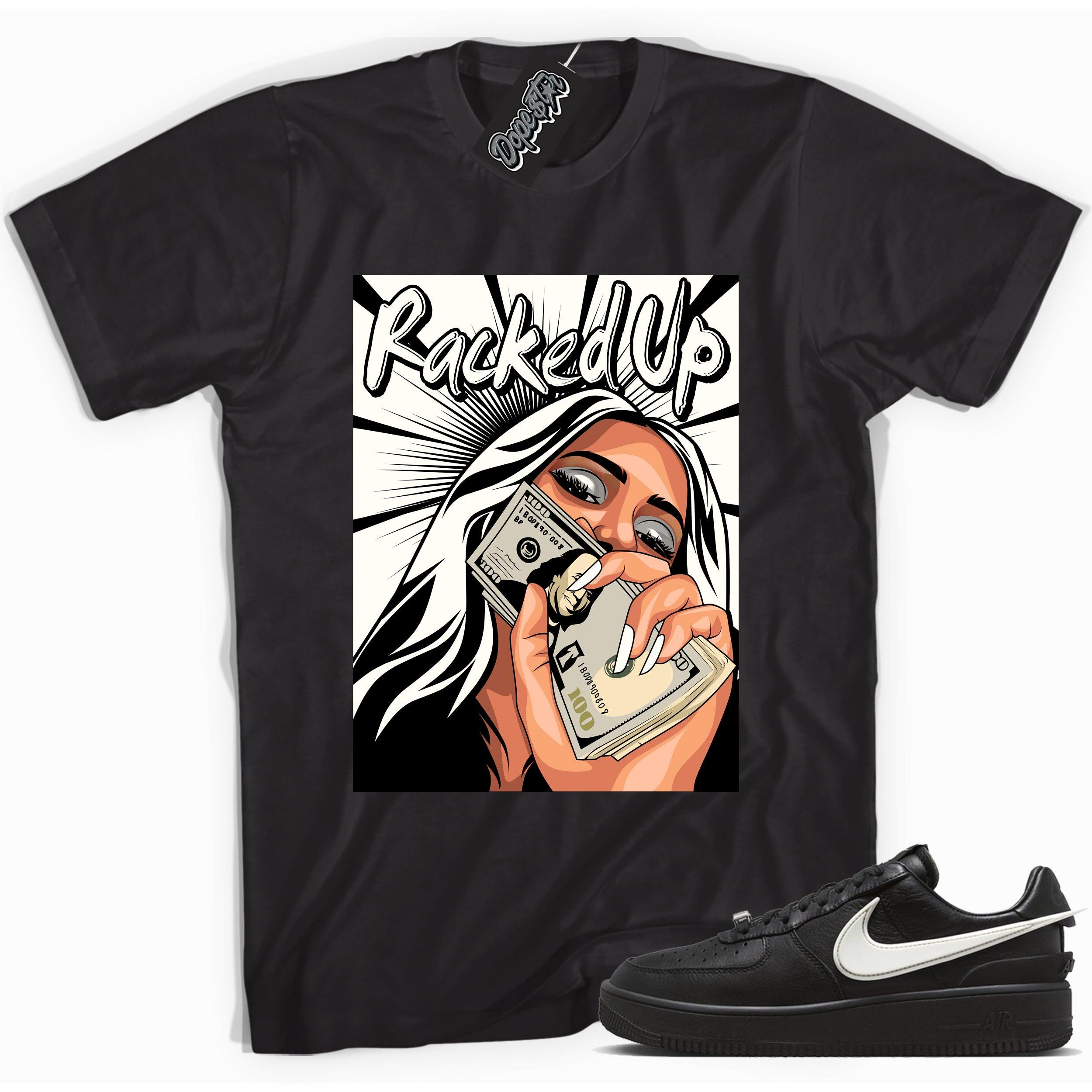 Cool black graphic tee with 'racked up' print, that perfectly matches Nike Air Force 1 Low SP Ambush Phantom sneakers.