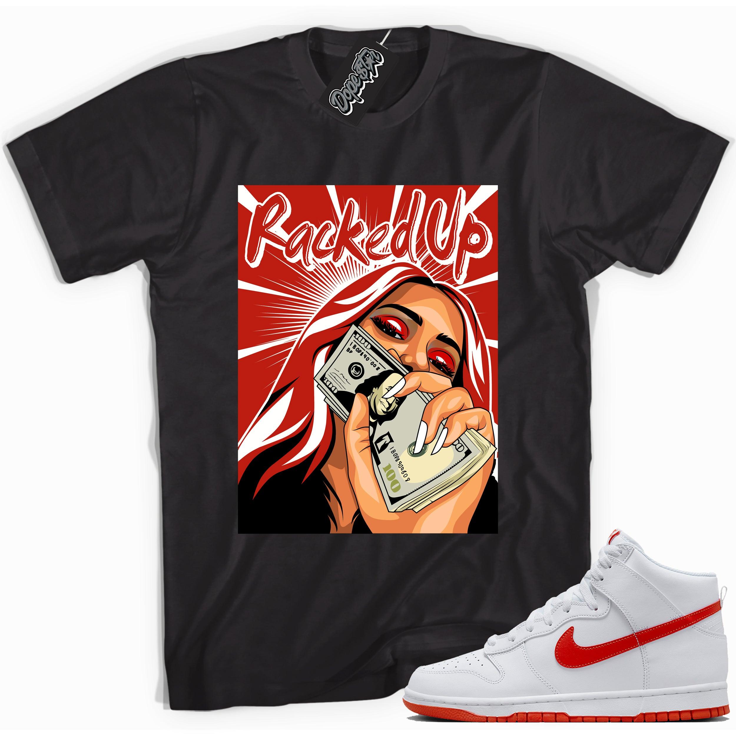 Cool black graphic tee with 'racked up' print, that perfectly matches Nike Dunk High White Picante Red sneakers.