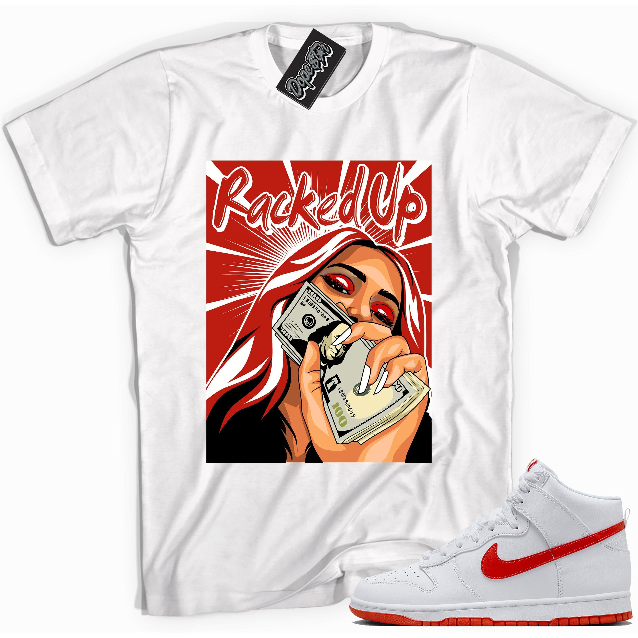 Cool white graphic tee with 'racked up' print, that perfectly matches Nike Dunk High White Picante Red sneakers.