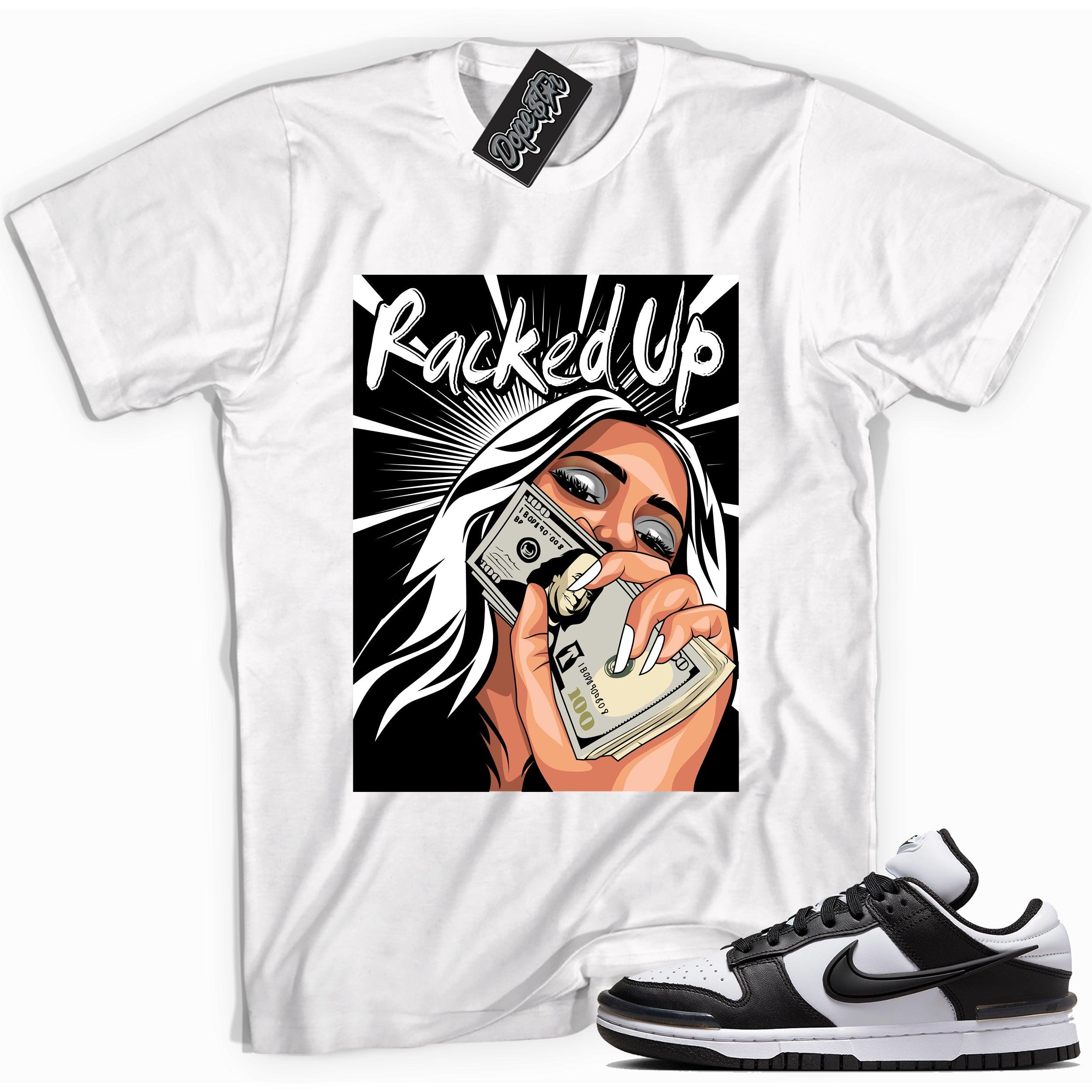 Cool white graphic tee with 'racked up' print, that perfectly matches Nike Dunk Low Twist Panda sneakers.