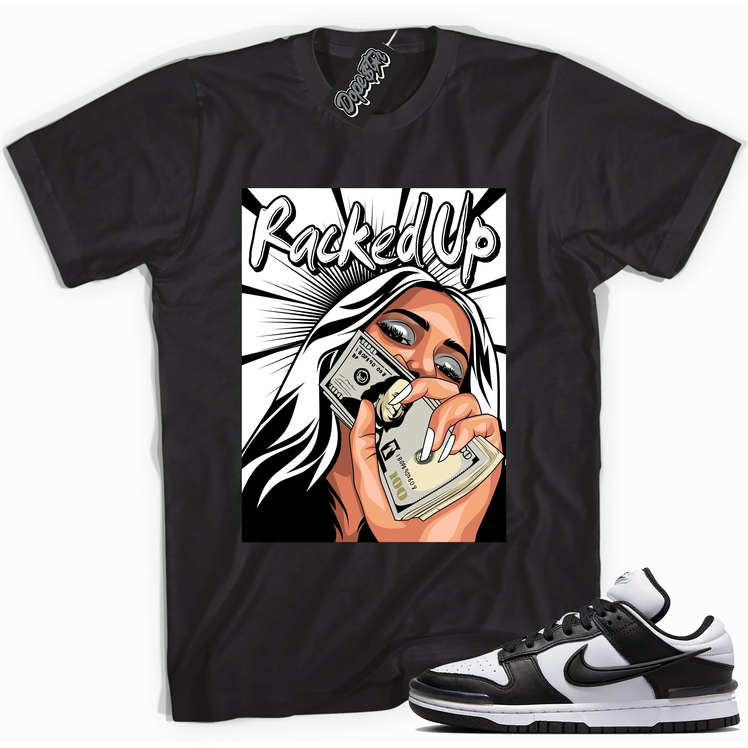 Cool black graphic tee with 'racked up' print, that perfectly matches Nike Dunk Low Twist Panda sneakers.