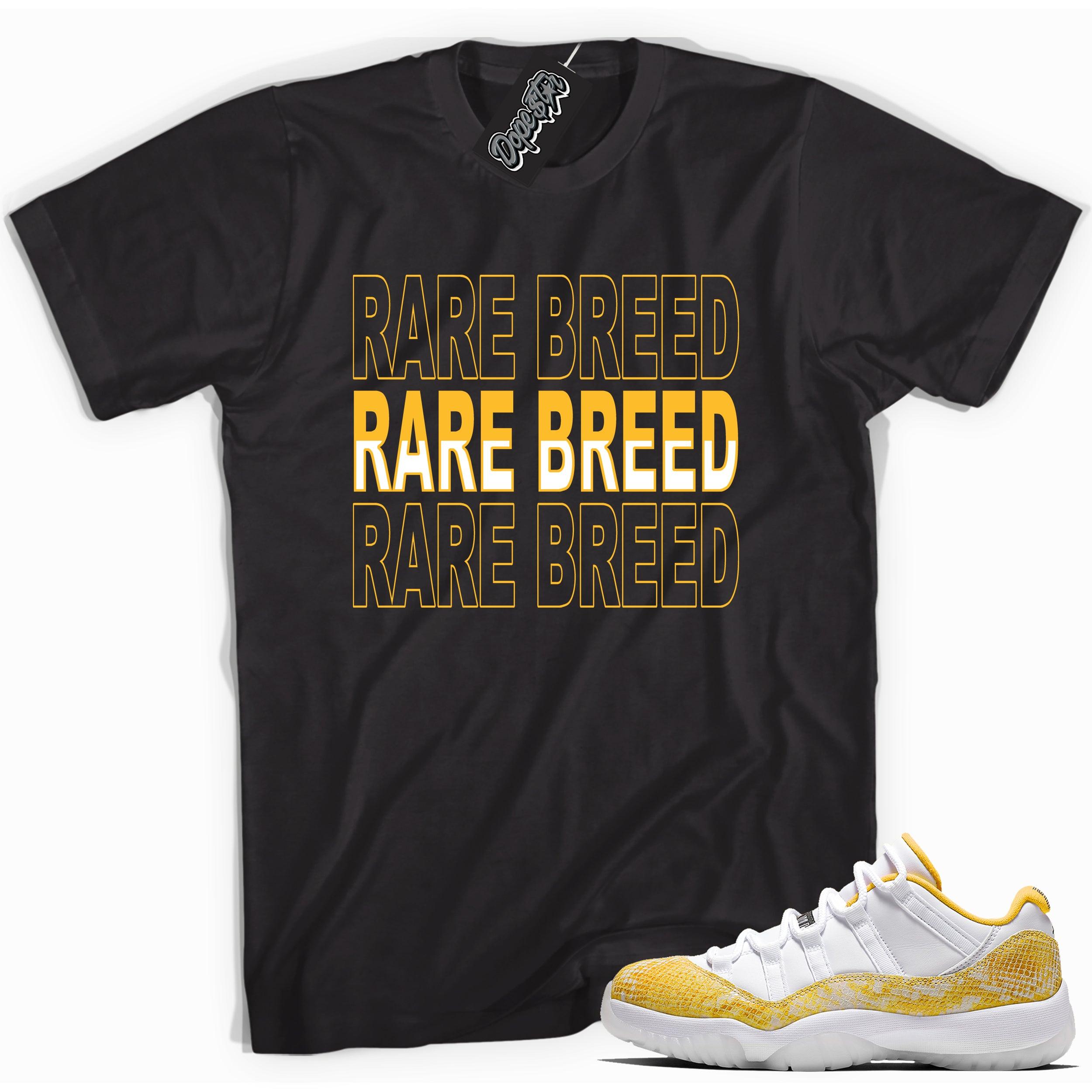 Cool black graphic tee with 'rare breed' print, that perfectly matches  Air Jordan 11 Retro Low Yellow Snakeskin sneakers