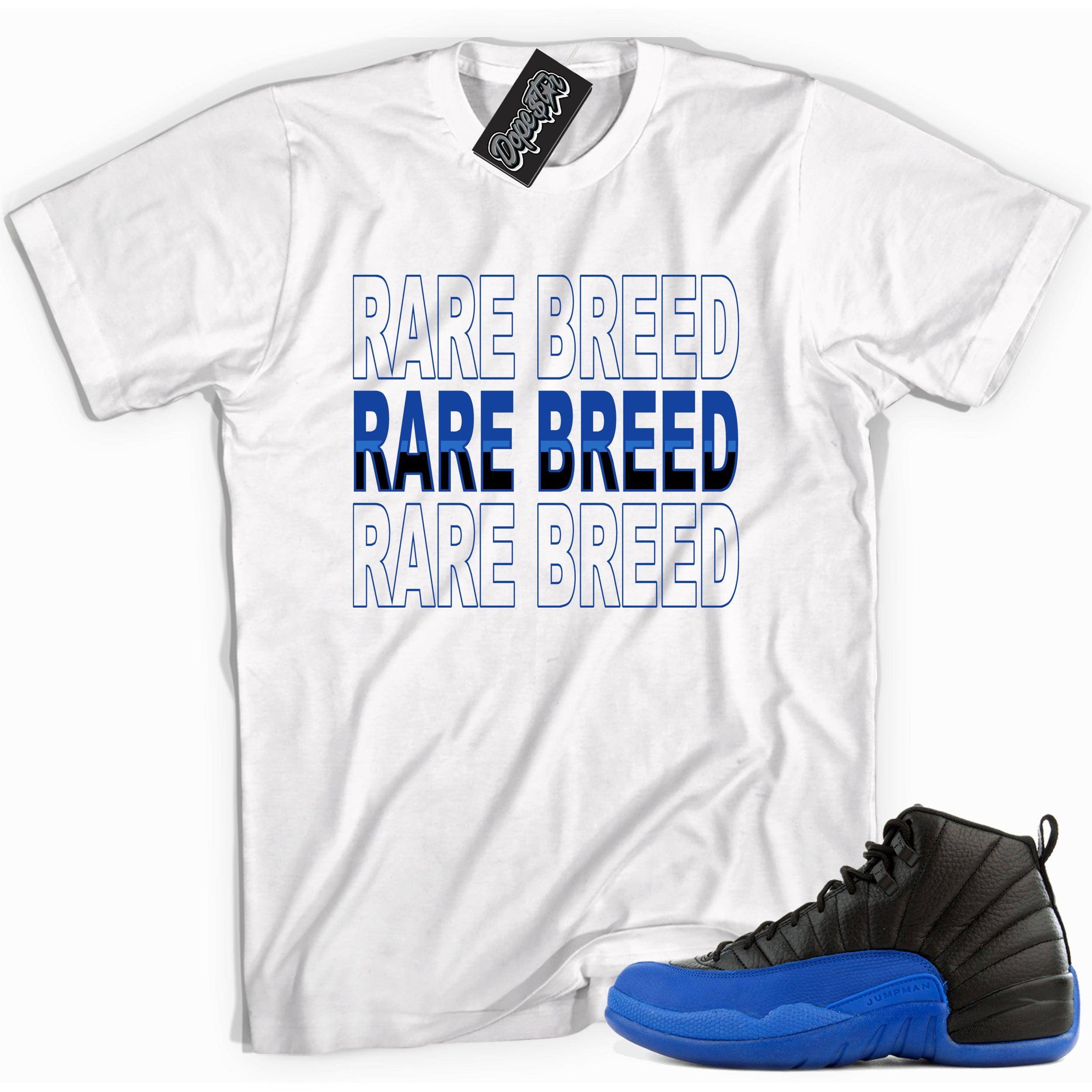 Cool white graphic tee with 'rare breed' print, that perfectly matches Air Jordan 12 Retro Black Game Royal sneakers.