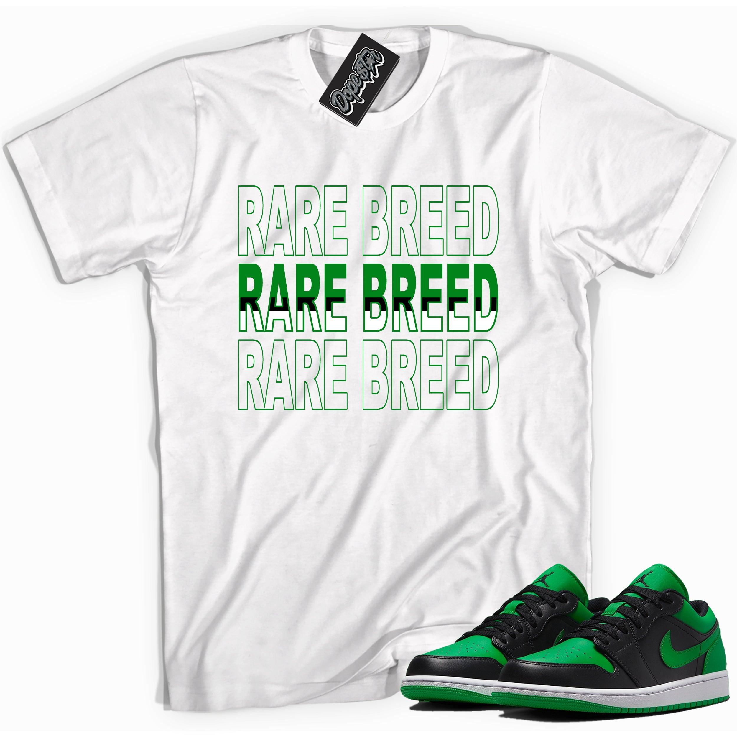 Cool white graphic tee with 'rare breed' print, that perfectly matches Air Jordan 1 Low Lucky Green sneakers
