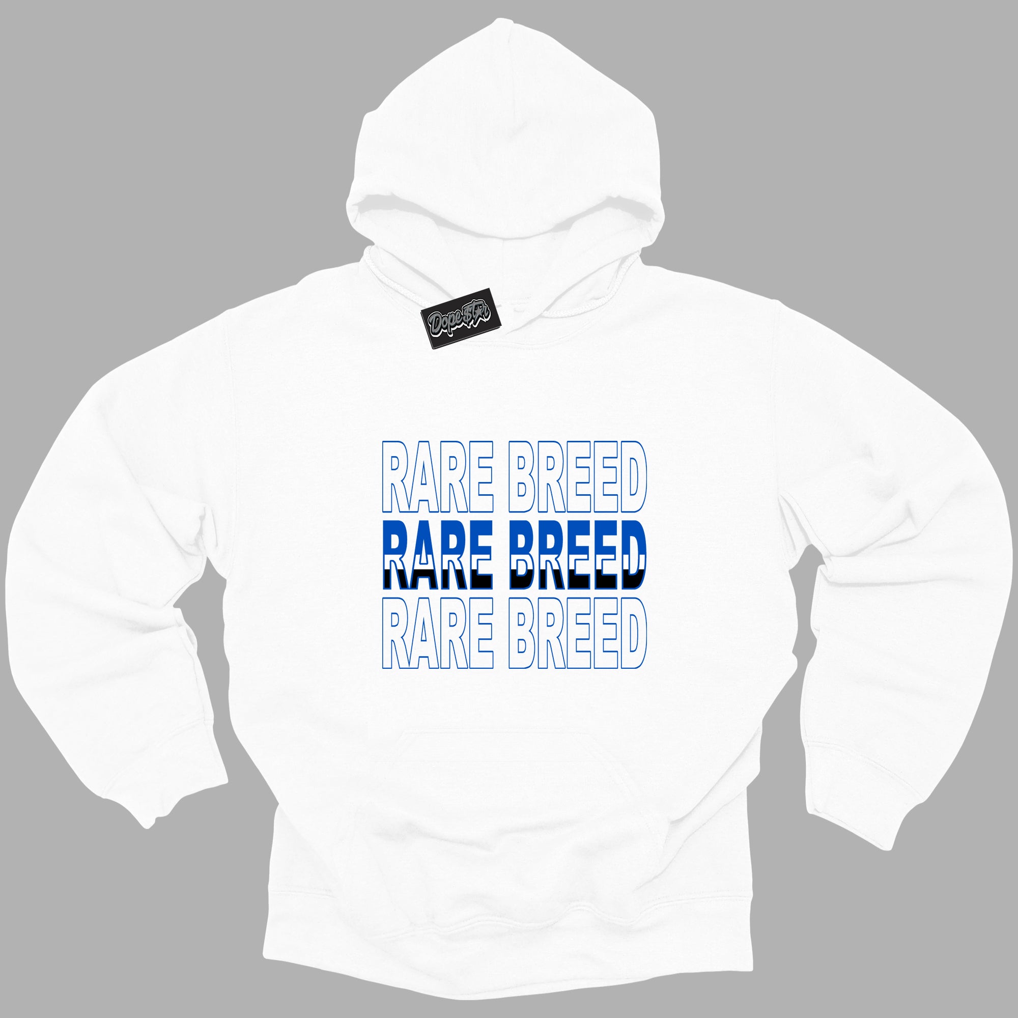 Cool White Hoodie with “ Rare Breed ”  design that Perfectly Matches Royal Reimagined 1s Sneakers.