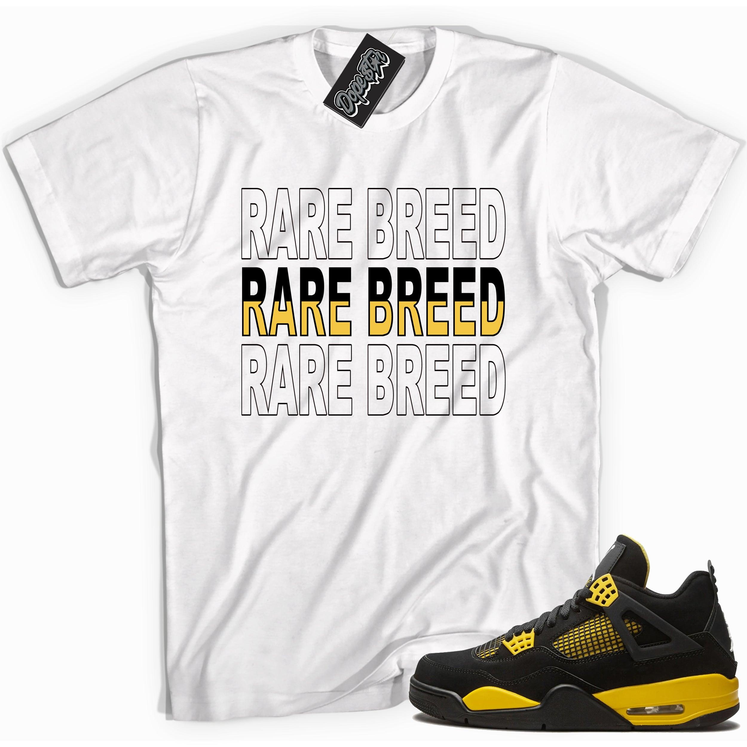 Cool white graphic tee with 'rare breed' print, that perfectly matches Air Jordan 4 Thunder sneakers