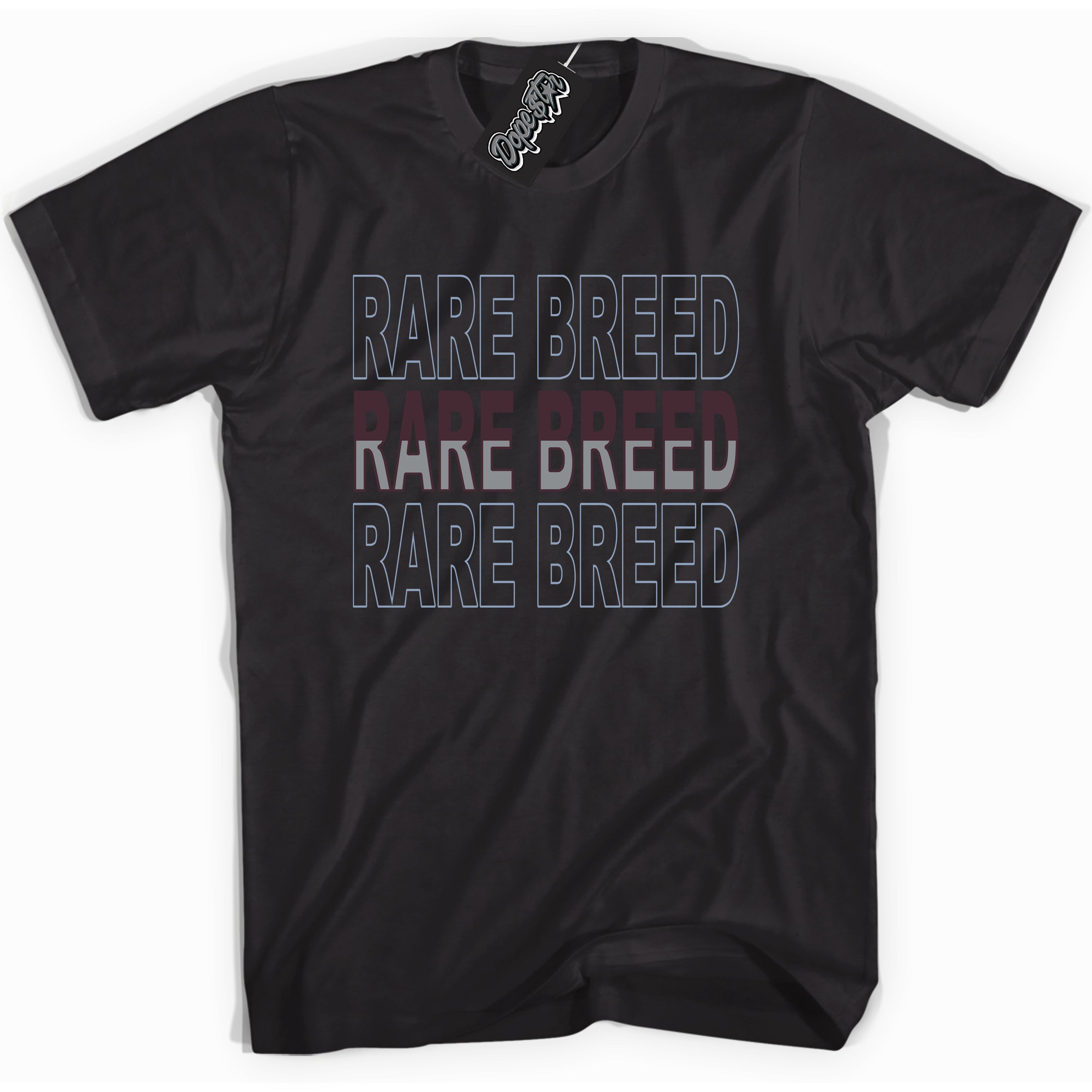 Cool Black Shirt with “ Rare Breed” design that perfectly matches Burgundy 5s Sneakers.