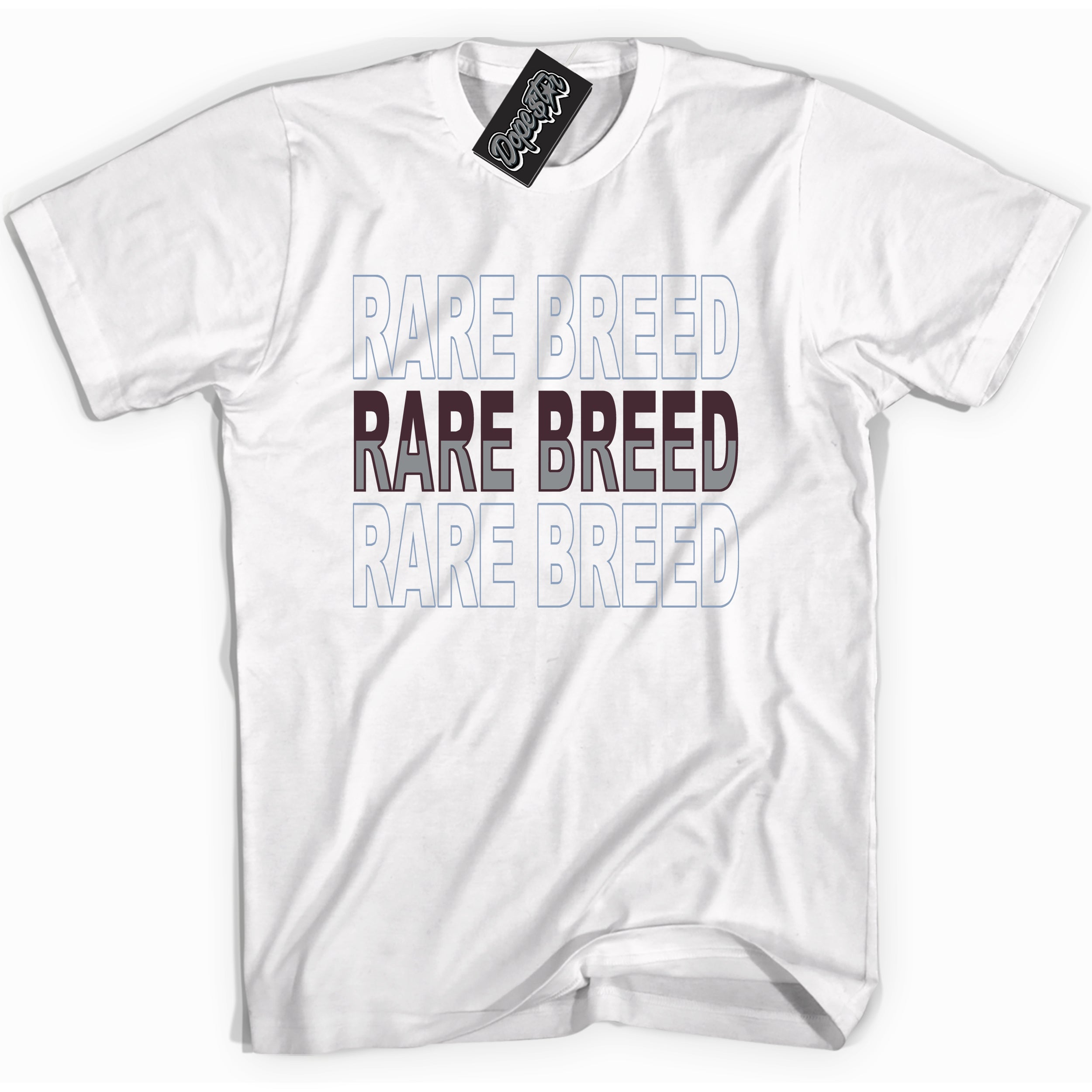 Cool White Shirt with “ Rare Breed” design that perfectly matches Burgundy 5s Sneakers.