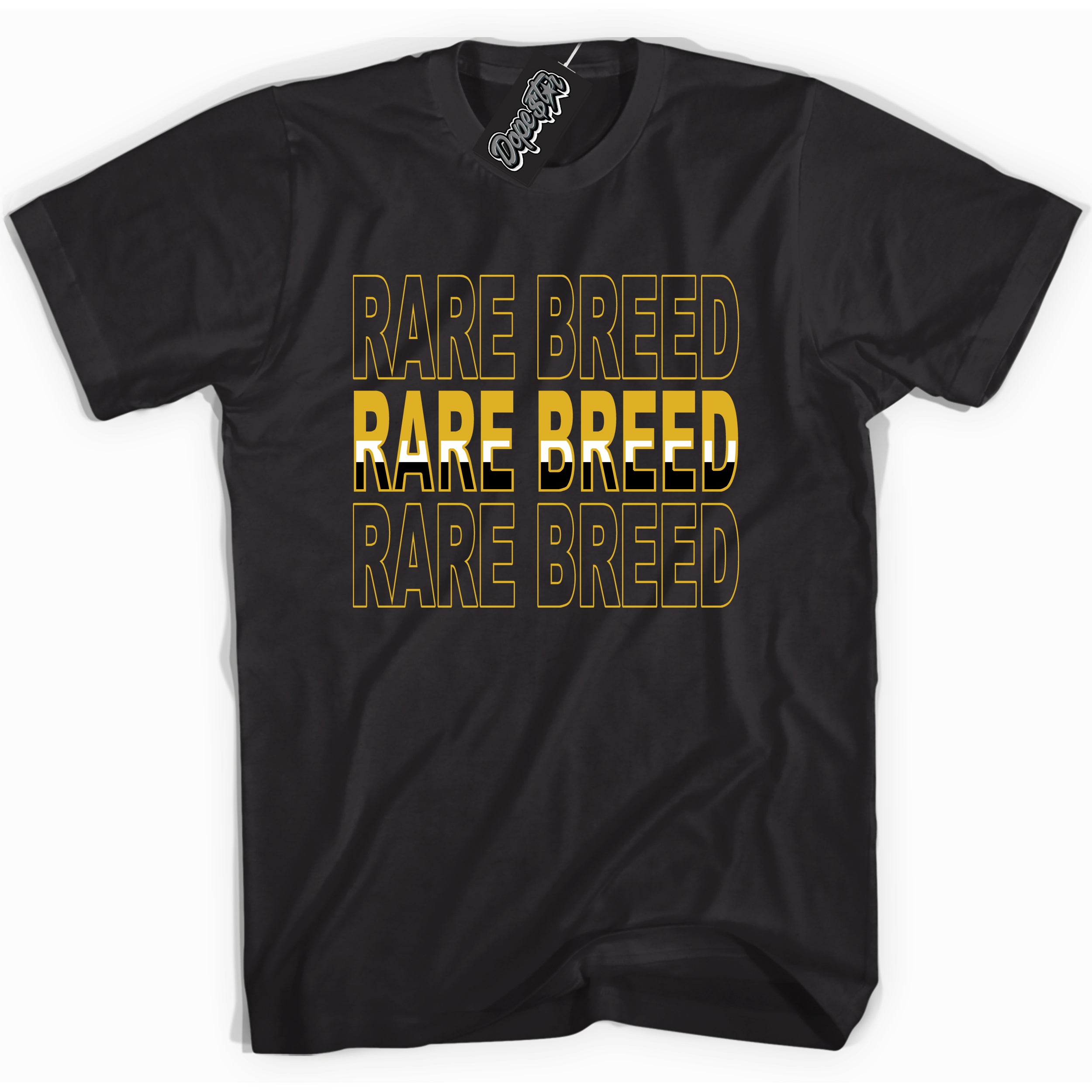 Cool Black Shirt with “ Rare Breed” design that perfectly matches Yellow Ochre 6s Sneakers.
