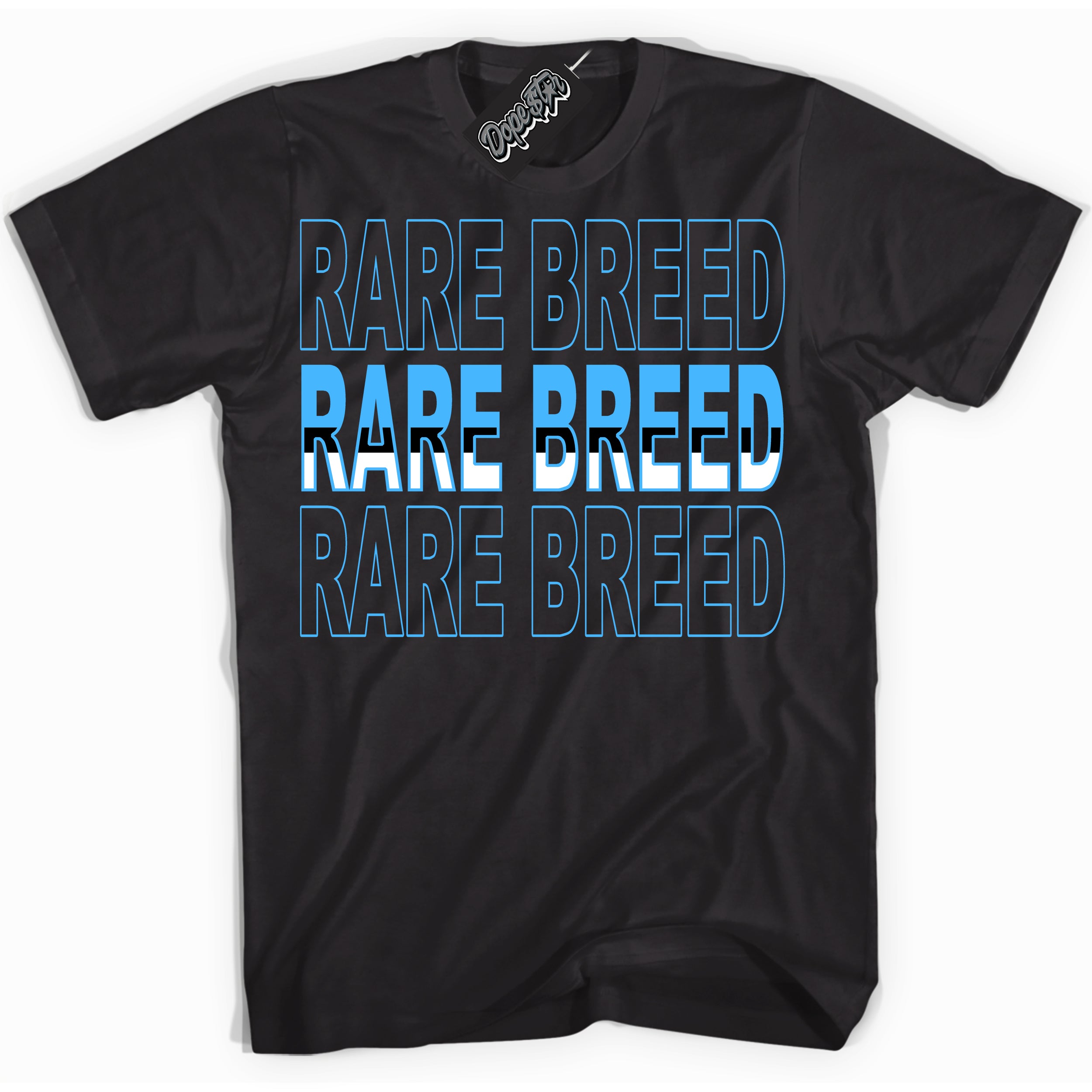 Cool Black graphic tee with “ Rare Breed ” design, that perfectly matches Powder Blue 9s sneakers 
