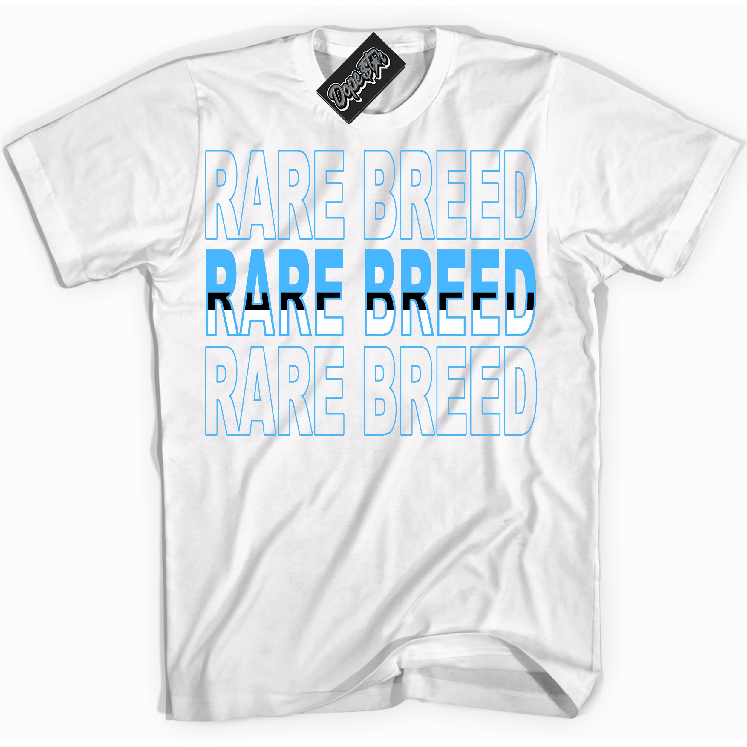 Cool White graphic tee with “ Rare Breed ” design, that perfectly matches Powder Blue 9s sneakers 