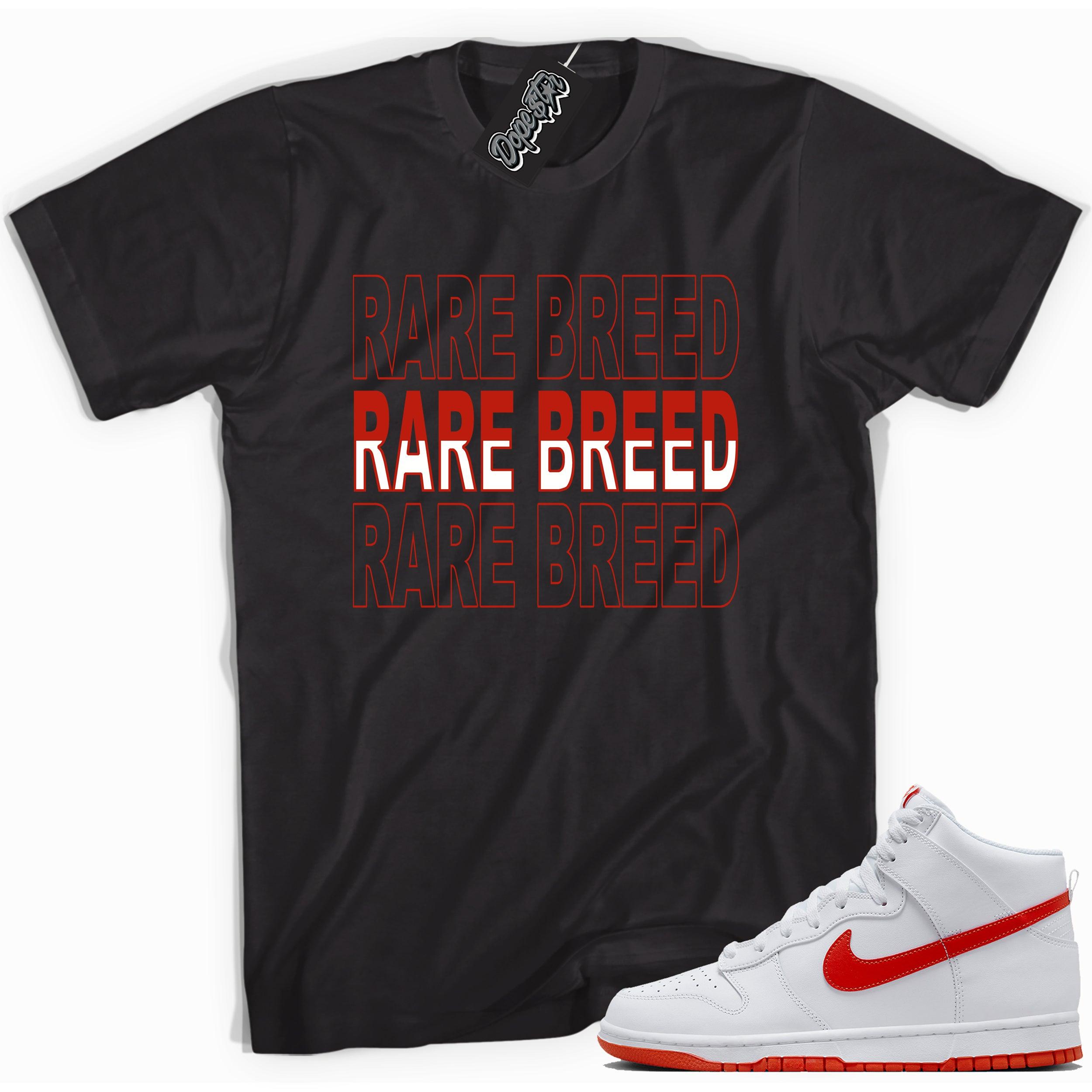Cool black graphic tee with 'rare breed' print, that perfectly matches Nike Dunk High White Picante Red sneakers.