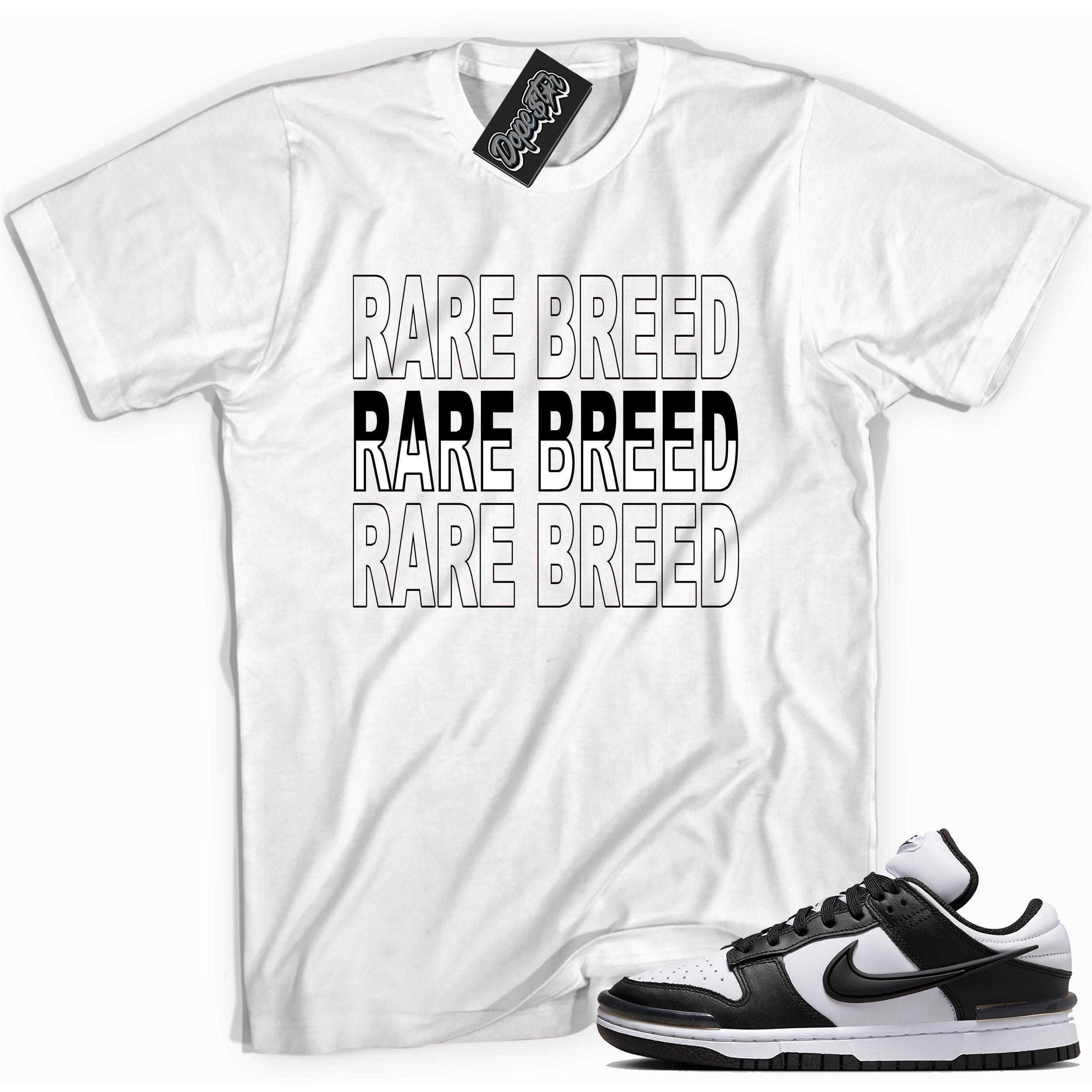 Cool white graphic tee with 'rare breed' print, that perfectly matches Nike Dunk Low Twist Panda sneakers.