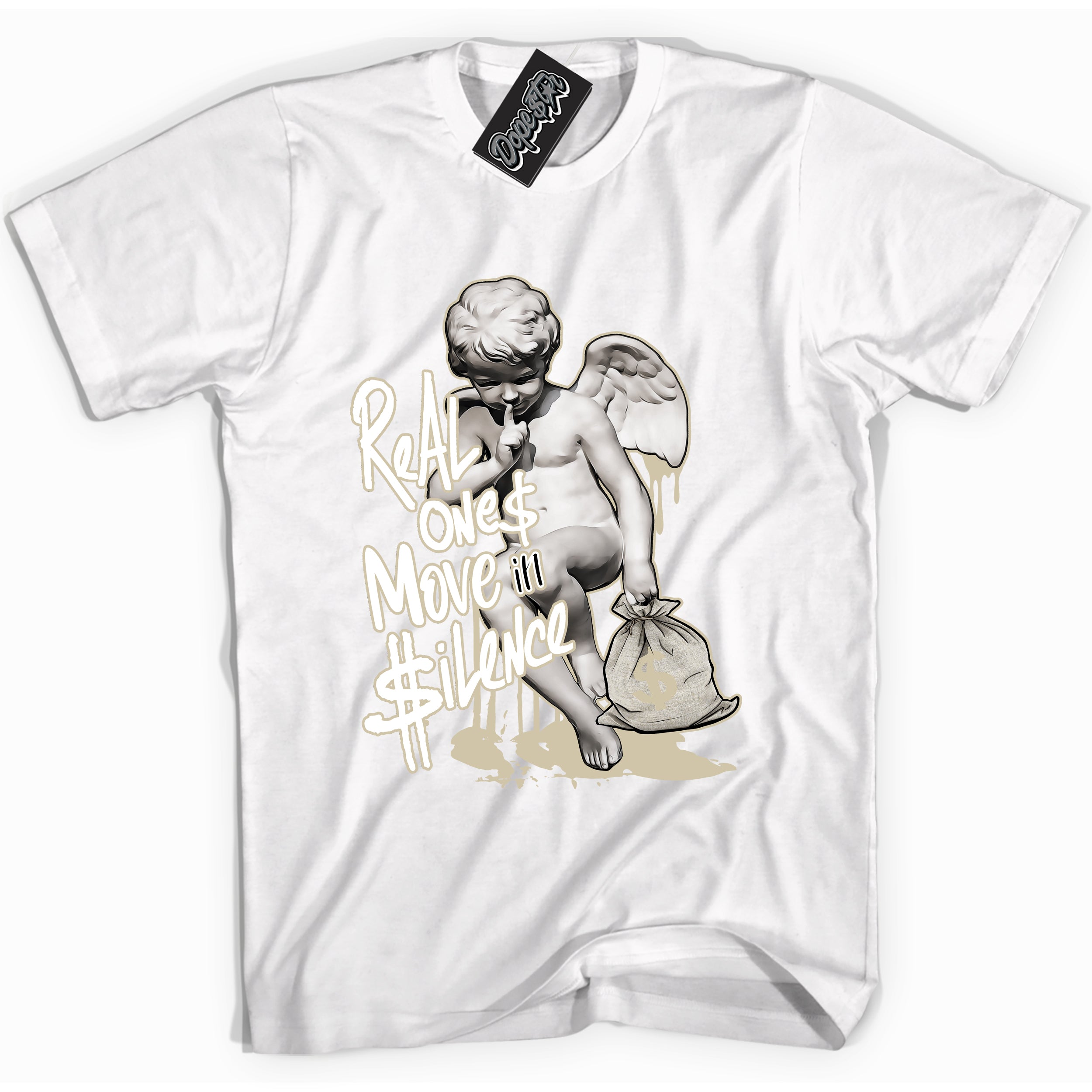 Cool White Shirt with “ Real Ones Cherub” design that perfectly matches Gratitude 11s Sneakers.