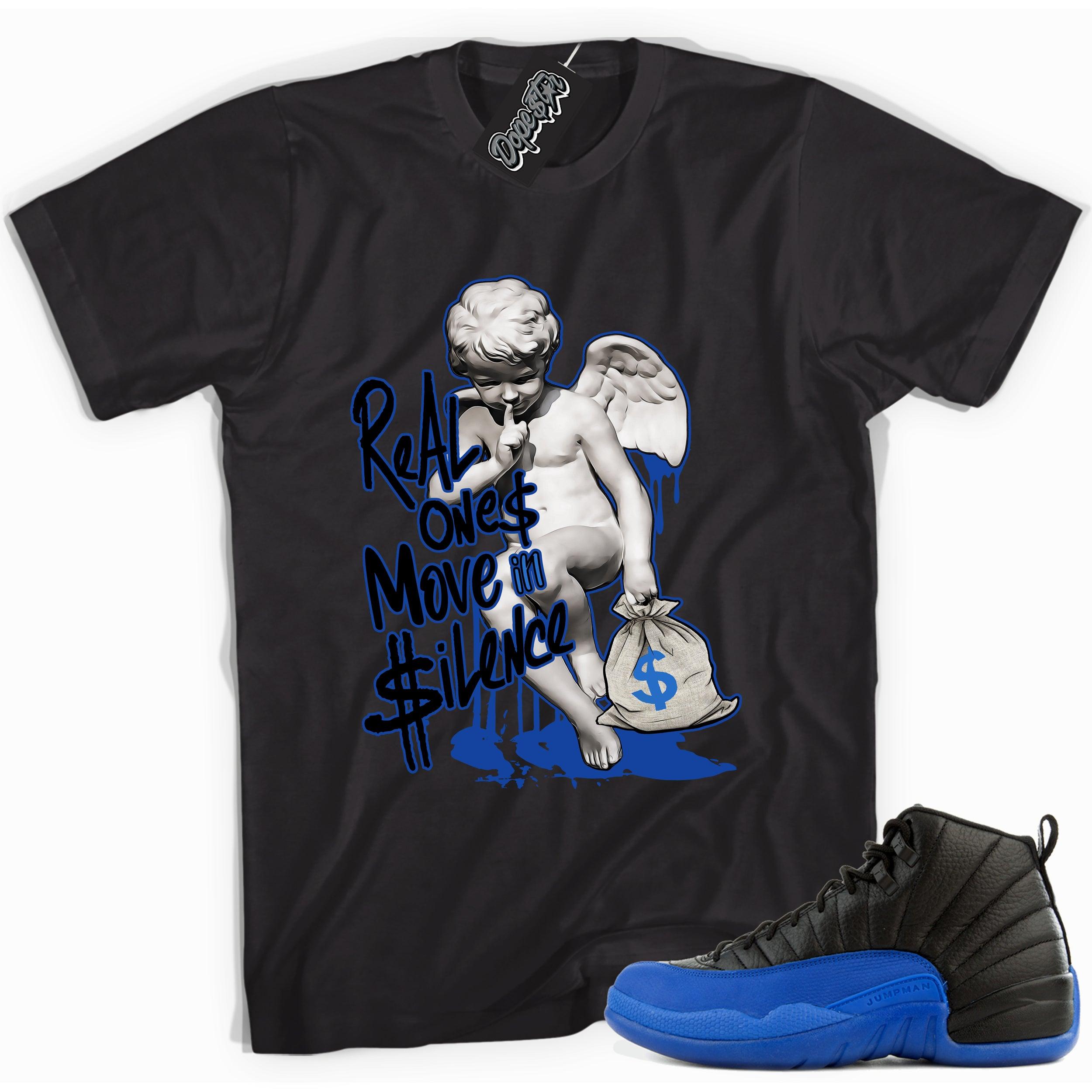 Cool black graphic tee with 'real ones move in silence' print, that perfectly matches  Air Jordan 12 Retro Black Game Royal sneakers.