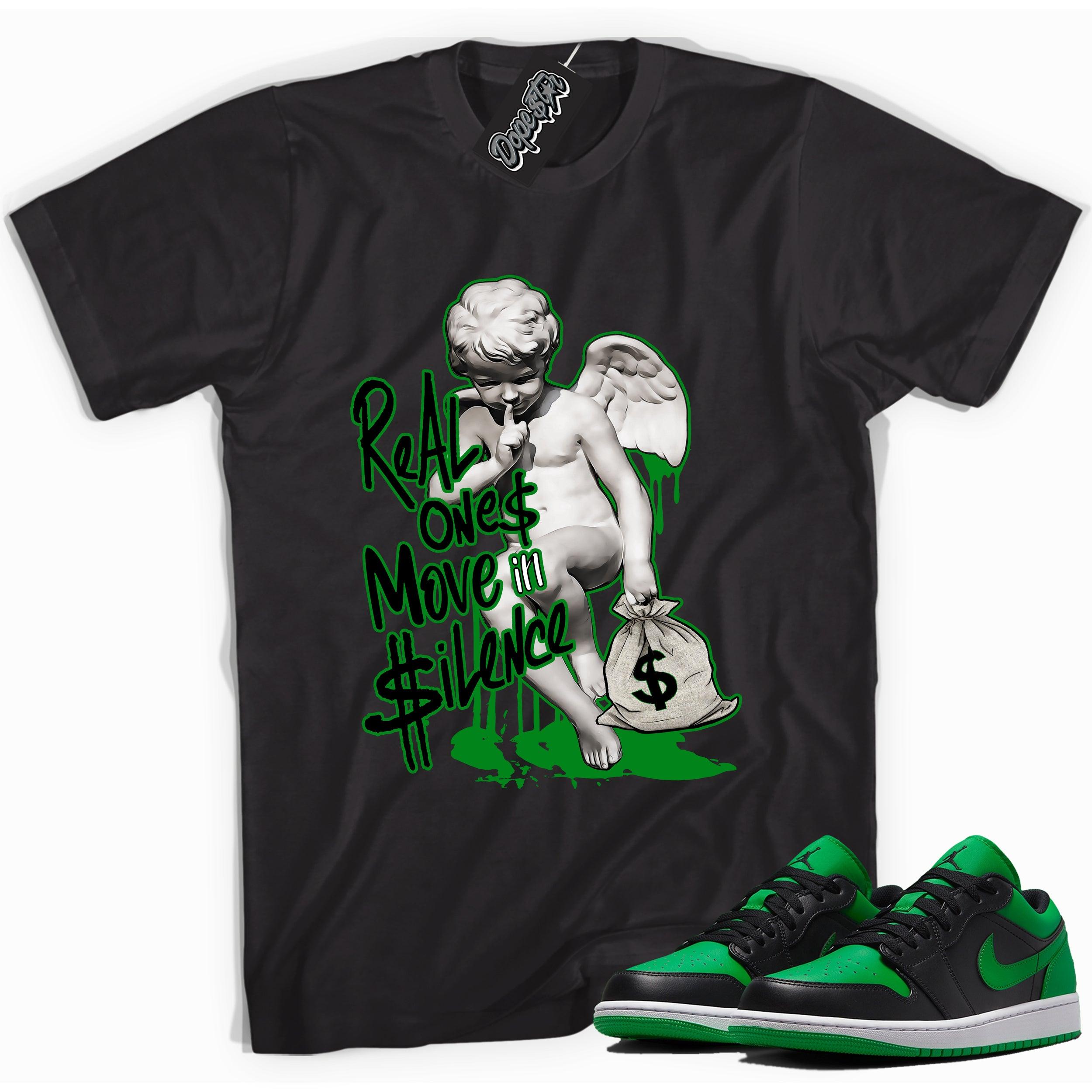 Cool black graphic tee with 'real ones in silence' print, that perfectly matches Air Jordan 1 Low Lucky Green sneakers