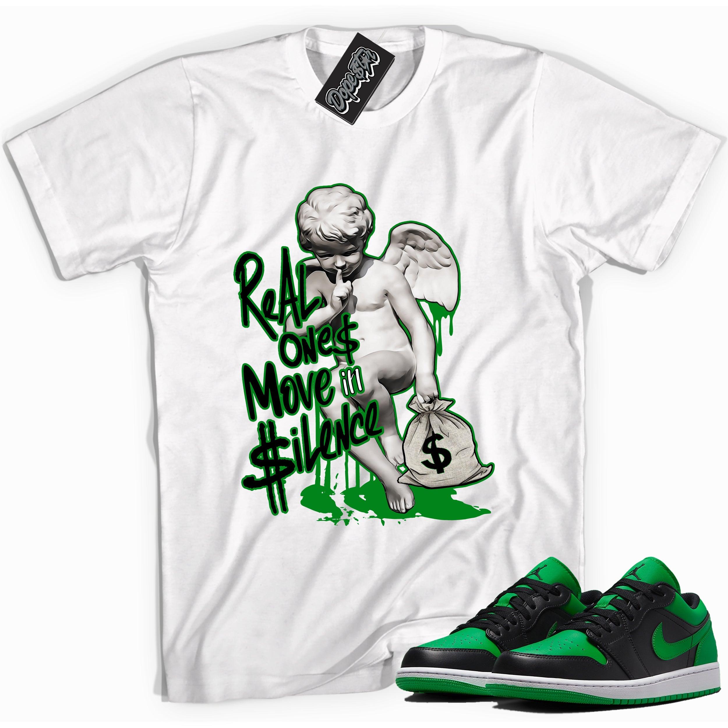 Cool white graphic tee with 'real ones in silence' print, that perfectly matches Air Jordan 1 Low Lucky Green sneakers