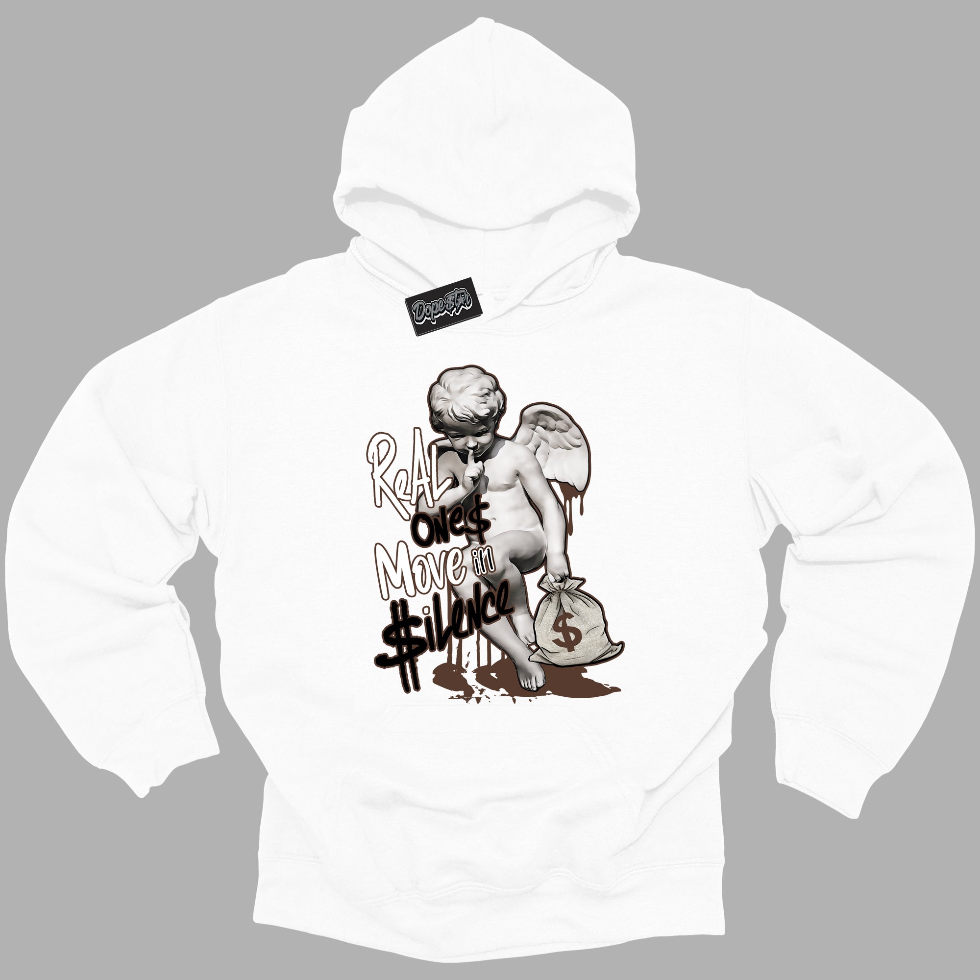 Cool White Graphic DopeStar Hoodie with “ Real Ones Cherub “ print, that perfectly matches Palomino 1s sneakers
