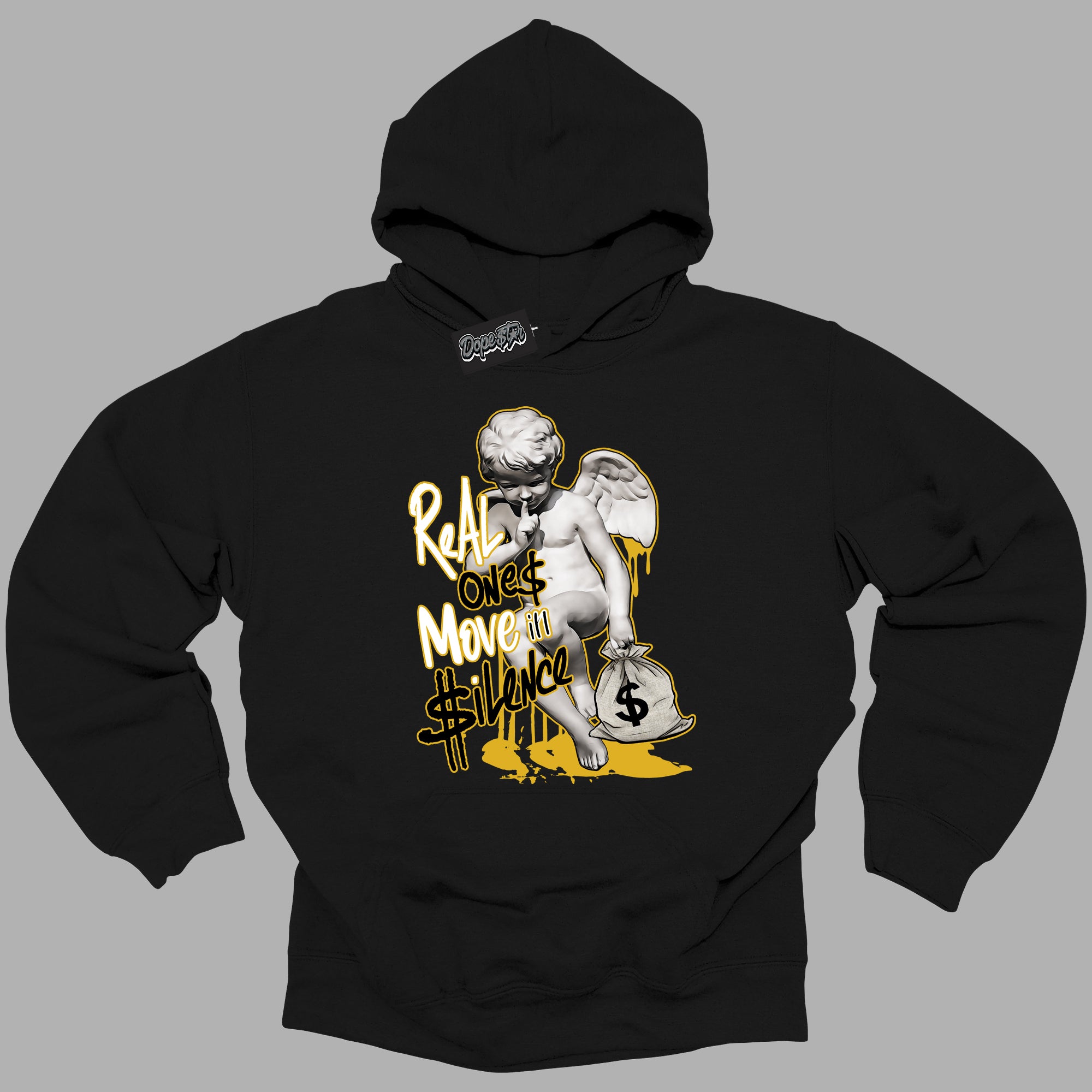 Cool Black Hoodie with “ Real Ones Cherub ”  design that Perfectly Matches Yellow Ochre 6s Sneakers.