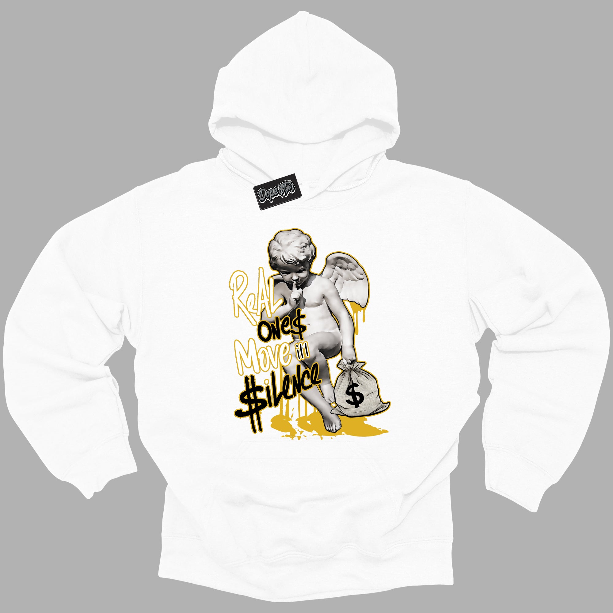 Cool White Hoodie with “ Real Ones Cherub ”  design that Perfectly Matches Yellow Ochre 6s Sneakers.