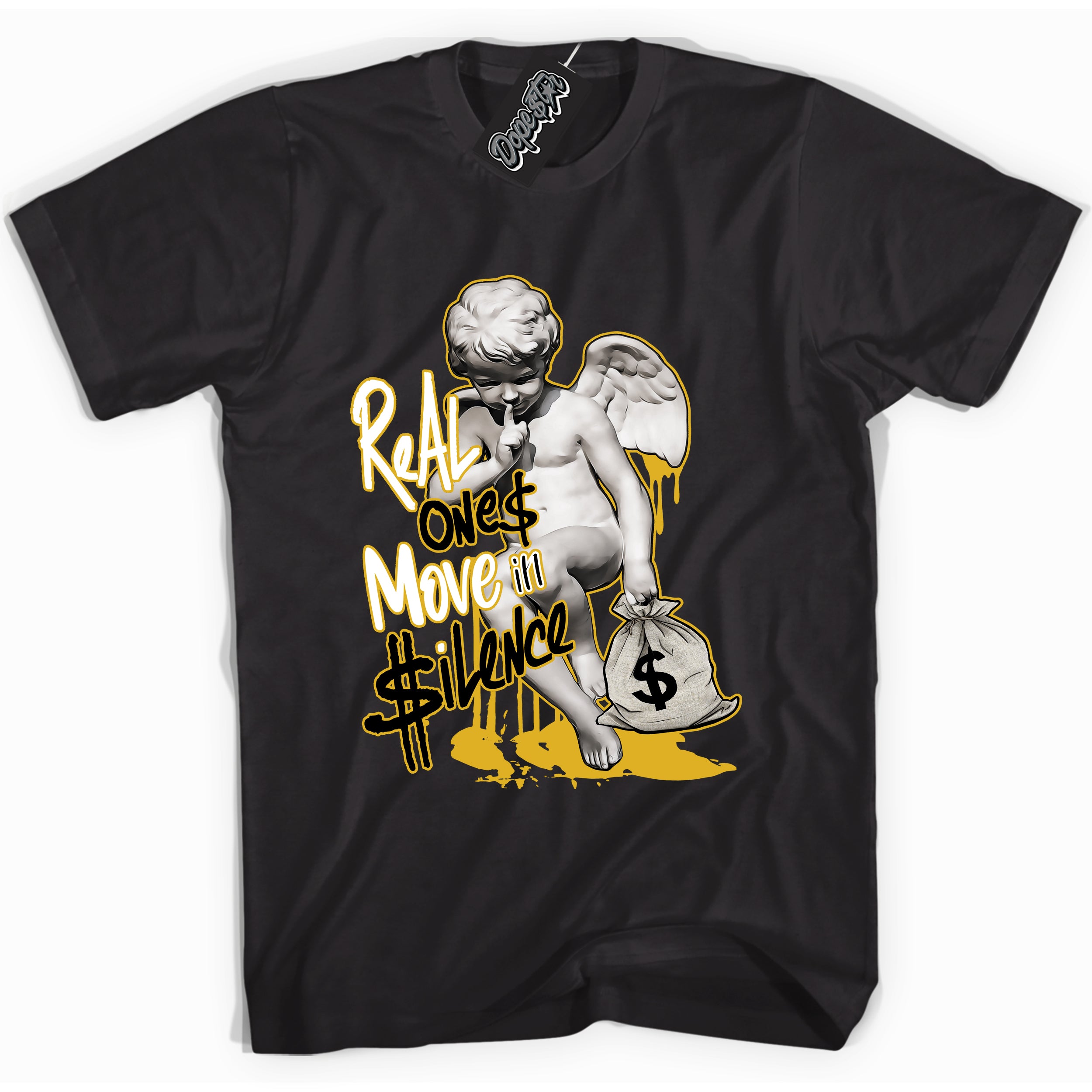 Cool Black Shirt with “ Real Ones Cherub ” design that perfectly matches Yellow Ochre 6s Sneakers.