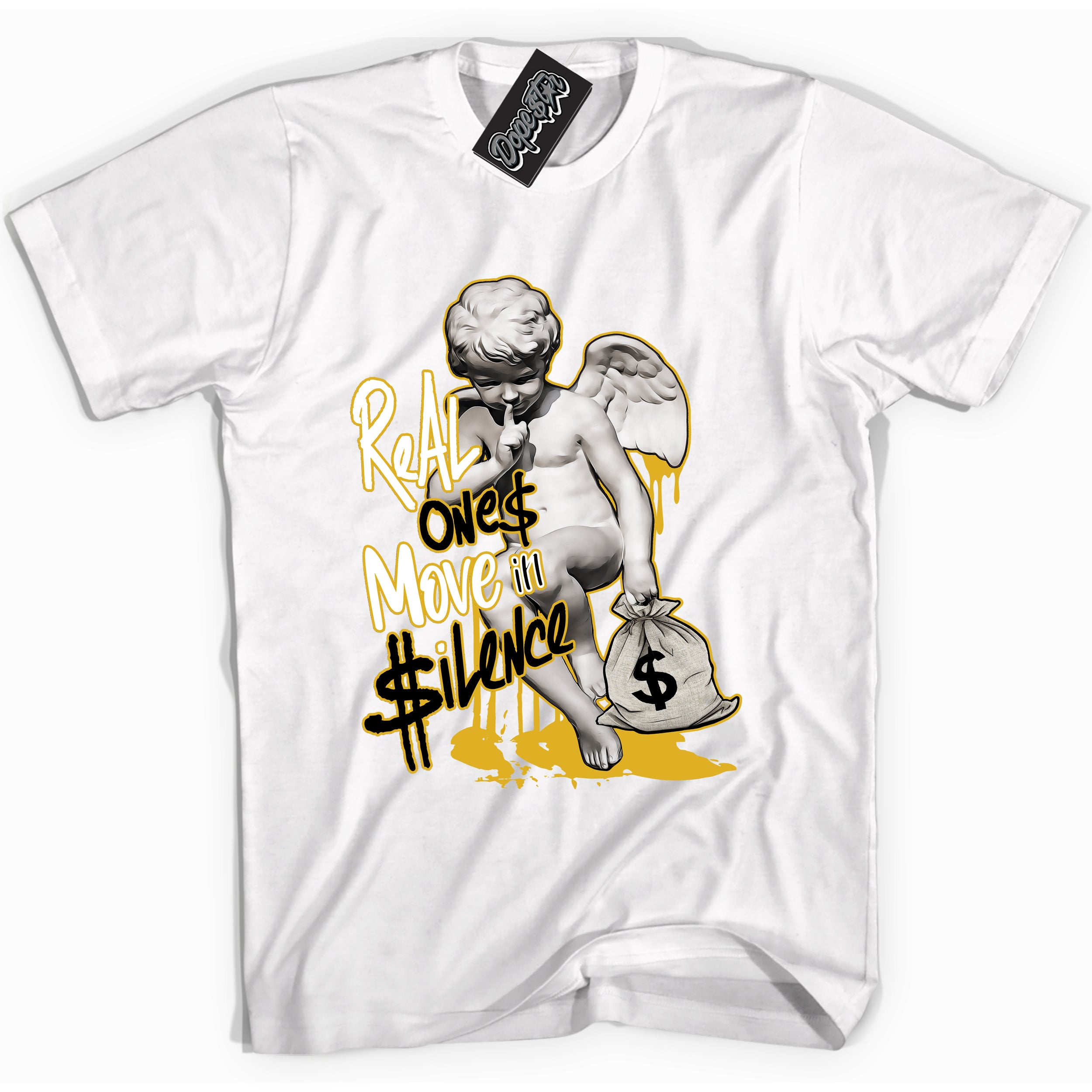 Cool White Shirt with “ Real Ones Cherub” design that perfectly matches Yellow Ochre 6s Sneakers.