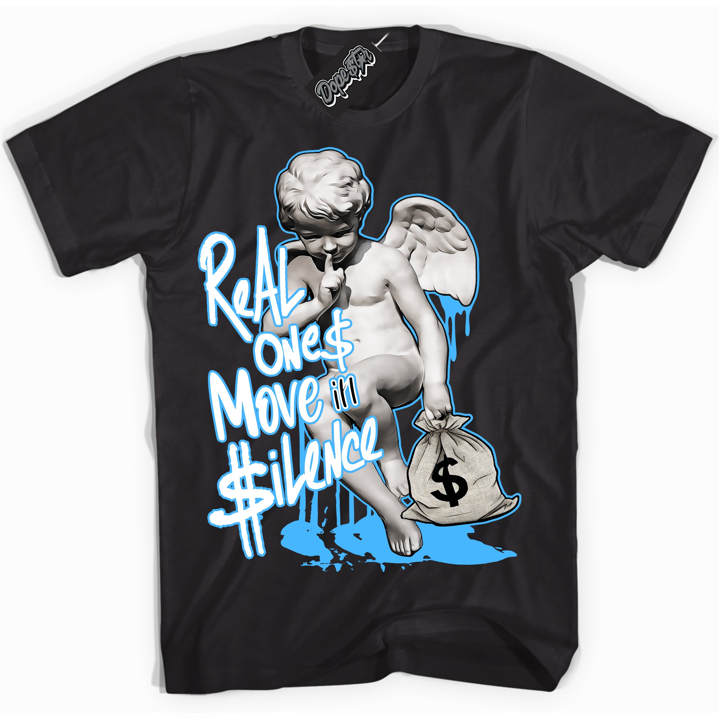 Cool Black graphic tee with “ Real Ones Cherub ” design, that perfectly matches Powder Blue 9s sneakers 