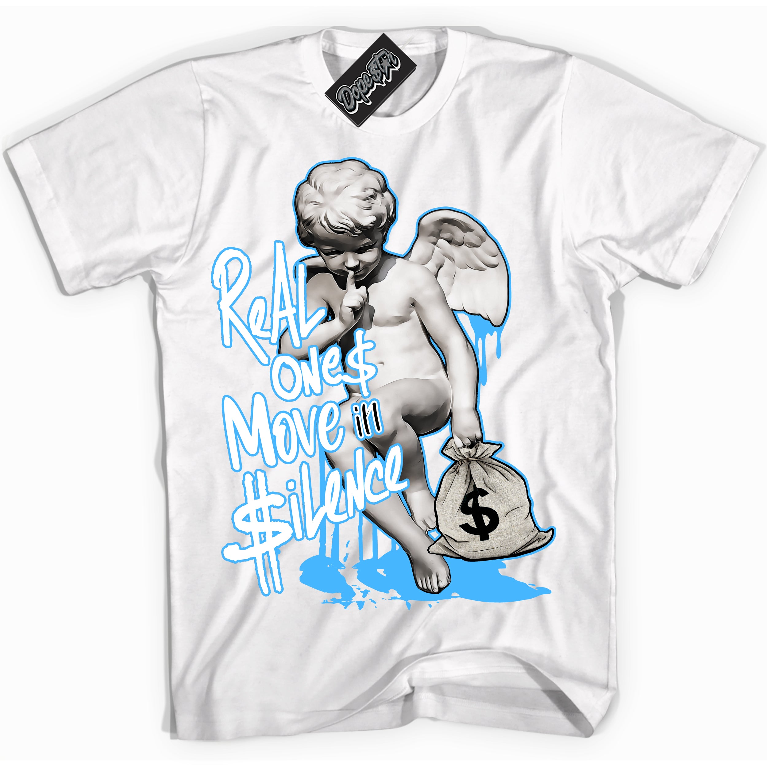 Cool White graphic tee with “ Real Ones Cherub ” design, that perfectly matches Powder Blue 9s sneakers 